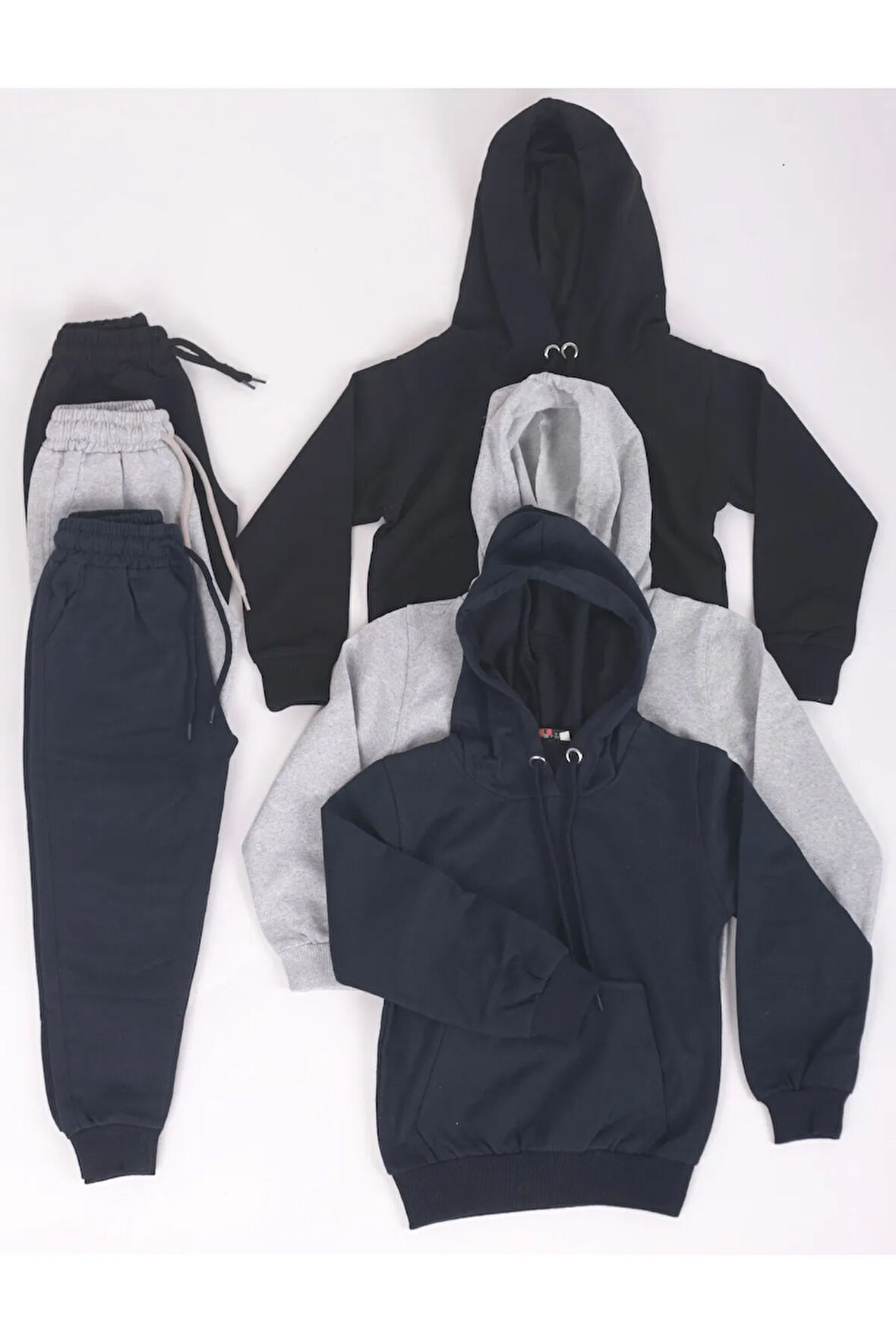 3'lü Unisex Düz Kanguru Cepli Kapüşonlu Alt-Üst Eşofman Takımı