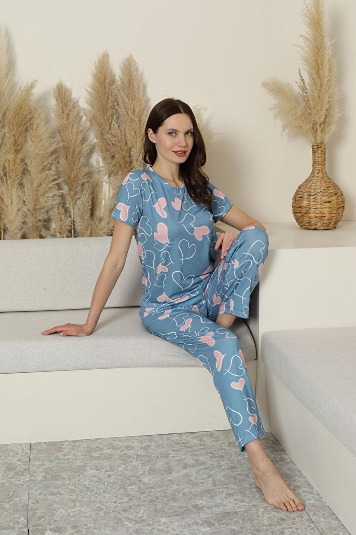Kadın Desenli Bisiklet Yaka Düğmesiz Bambu Yazlık Kısa Kollu Pijama Takımı-Dar Kesim