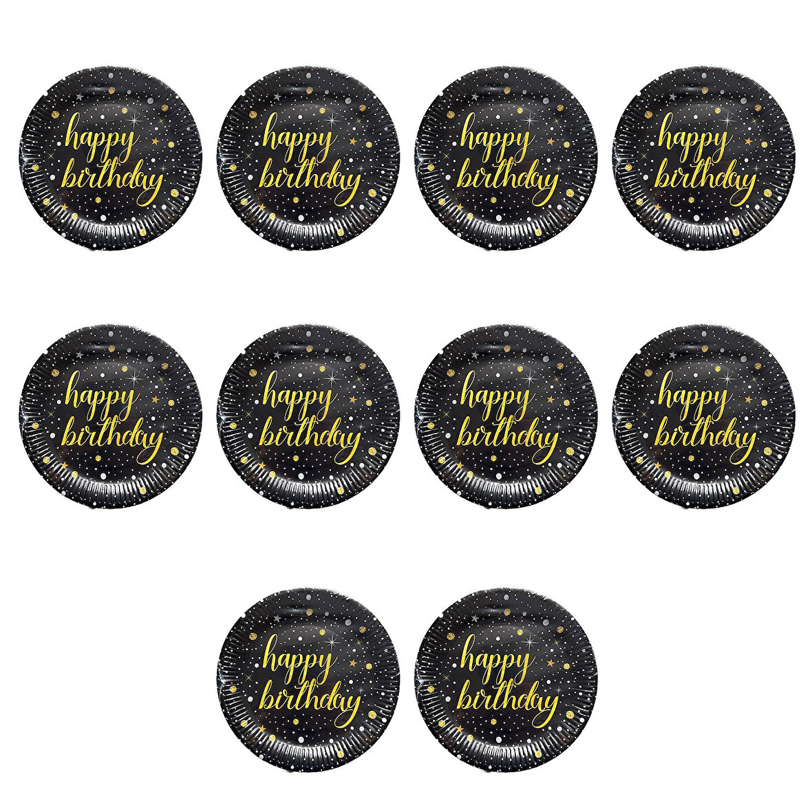 Roll-Up Doğum Günü Işıltılı Siyah Happy Bithday Yazılı Karton Tabak - 22 Cm. - 8 Adetlik 10 Paket
