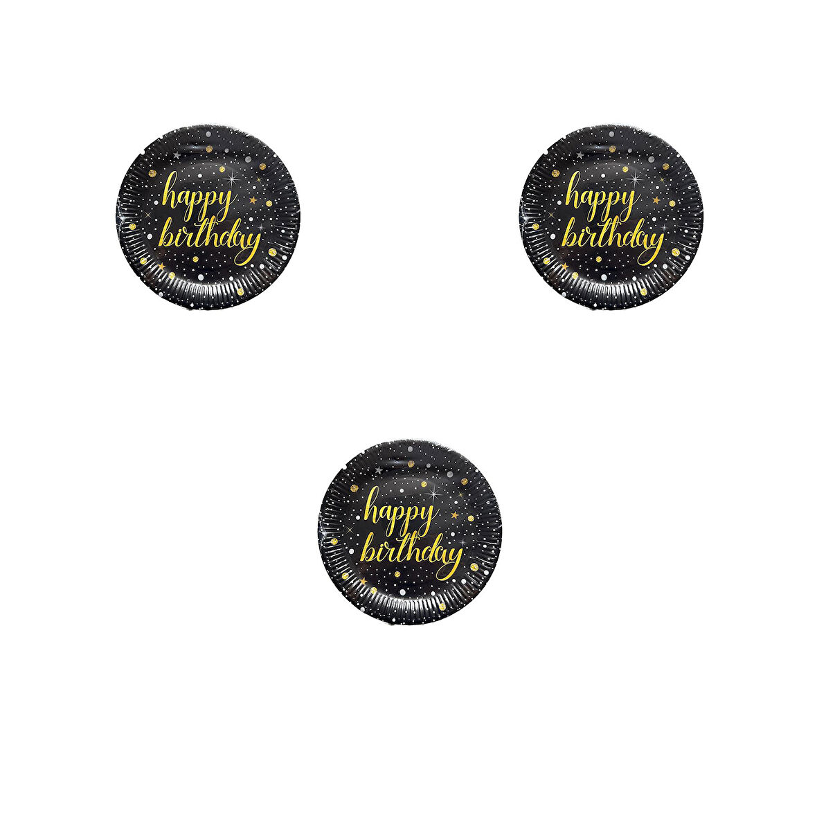 Roll-Up Doğum Günü Işıltılı Siyah Happy Bithday Yazılı Karton Tabak - 22 Cm. - 8 Adetlik 3 Paket