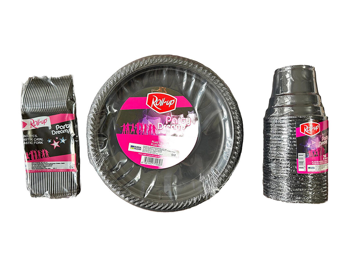 Piknik Davet Doğum Günü Ofis Catering Omeyva Sofra Seti - 25 Kişilik Siyah Tabak Bardak Çatal Takımı