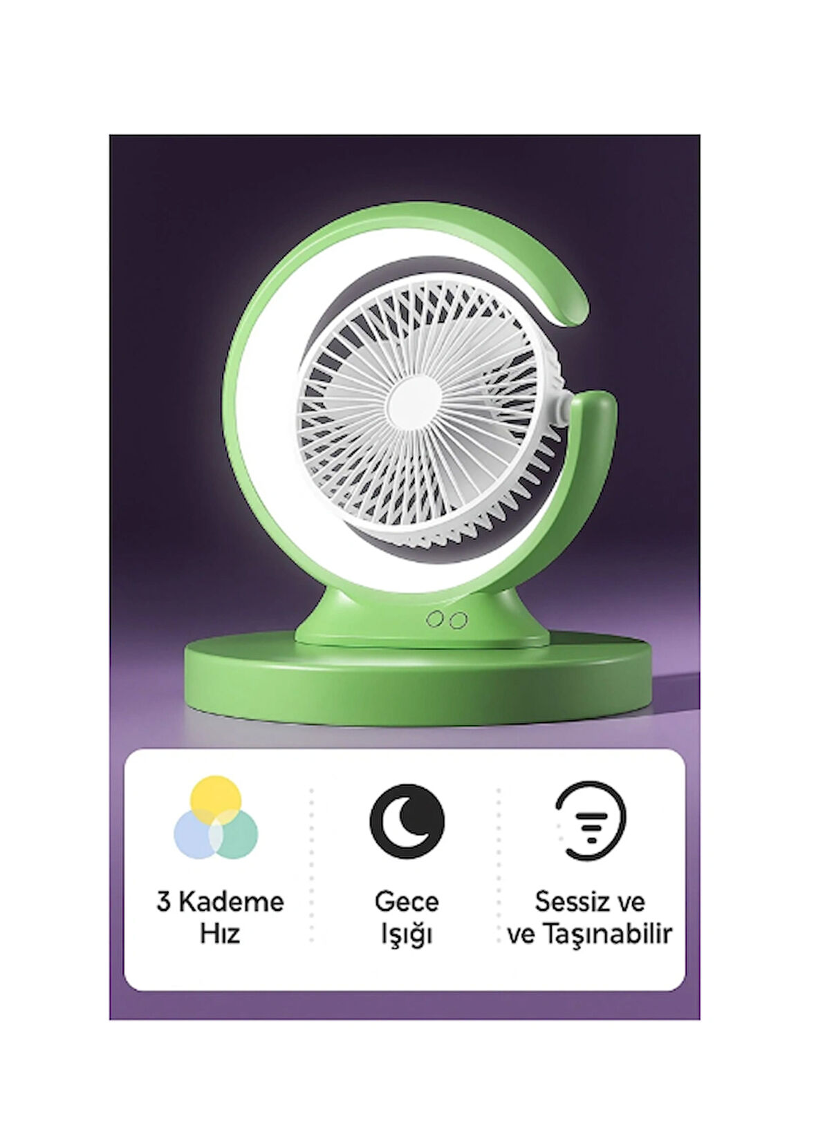 Şarjlı Masa Lambalı Mini Fan 2400 mAh – 3 Kademeli Hız, Gece Işığı, Sessiz ve Taşınabilir