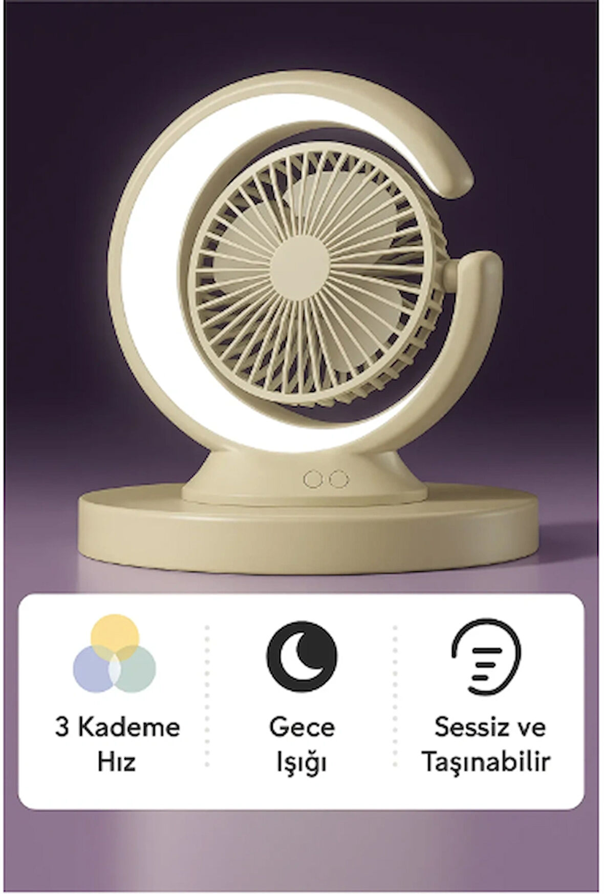 Şarjlı Masa Lambalı Mini Fan 2400 mAh – 3 Kademeli Hız, Gece Işığı, Sessiz ve Taşınabilir