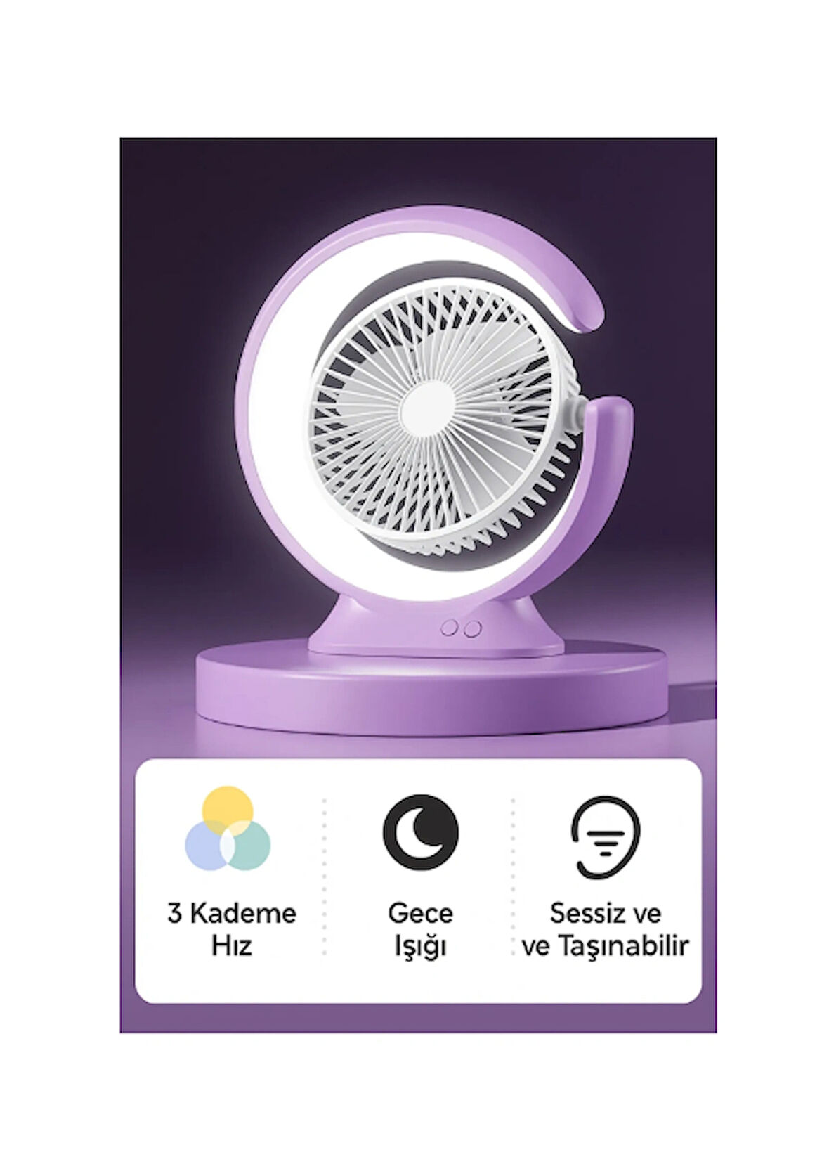 Şarjlı Masa Lambası Mini Fan 2400 mAh – 3 Kademeli Hız, Gece Işığı, Sessiz ve Taşınabilir