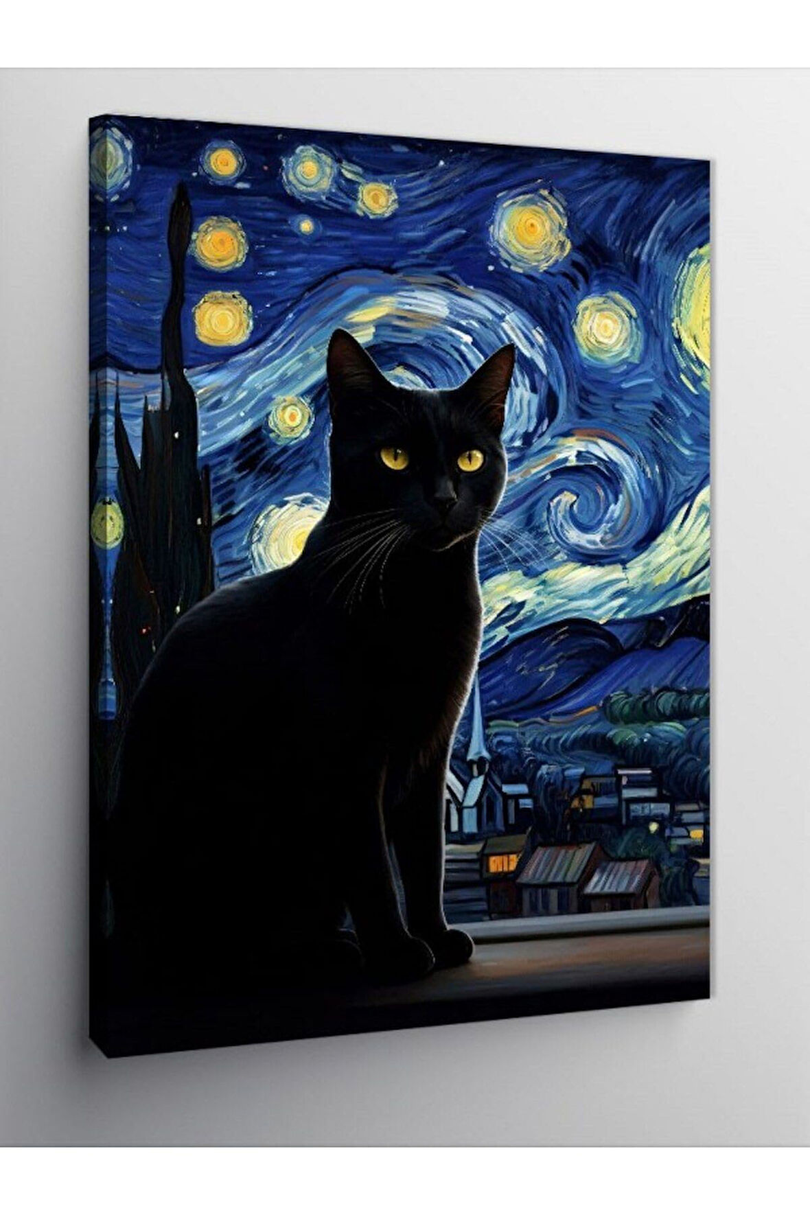 Kanvas Tablo Yıldızlı Gece Ve Siyah Kedi 50 X 70 Cnvsdkey-126649-50-70