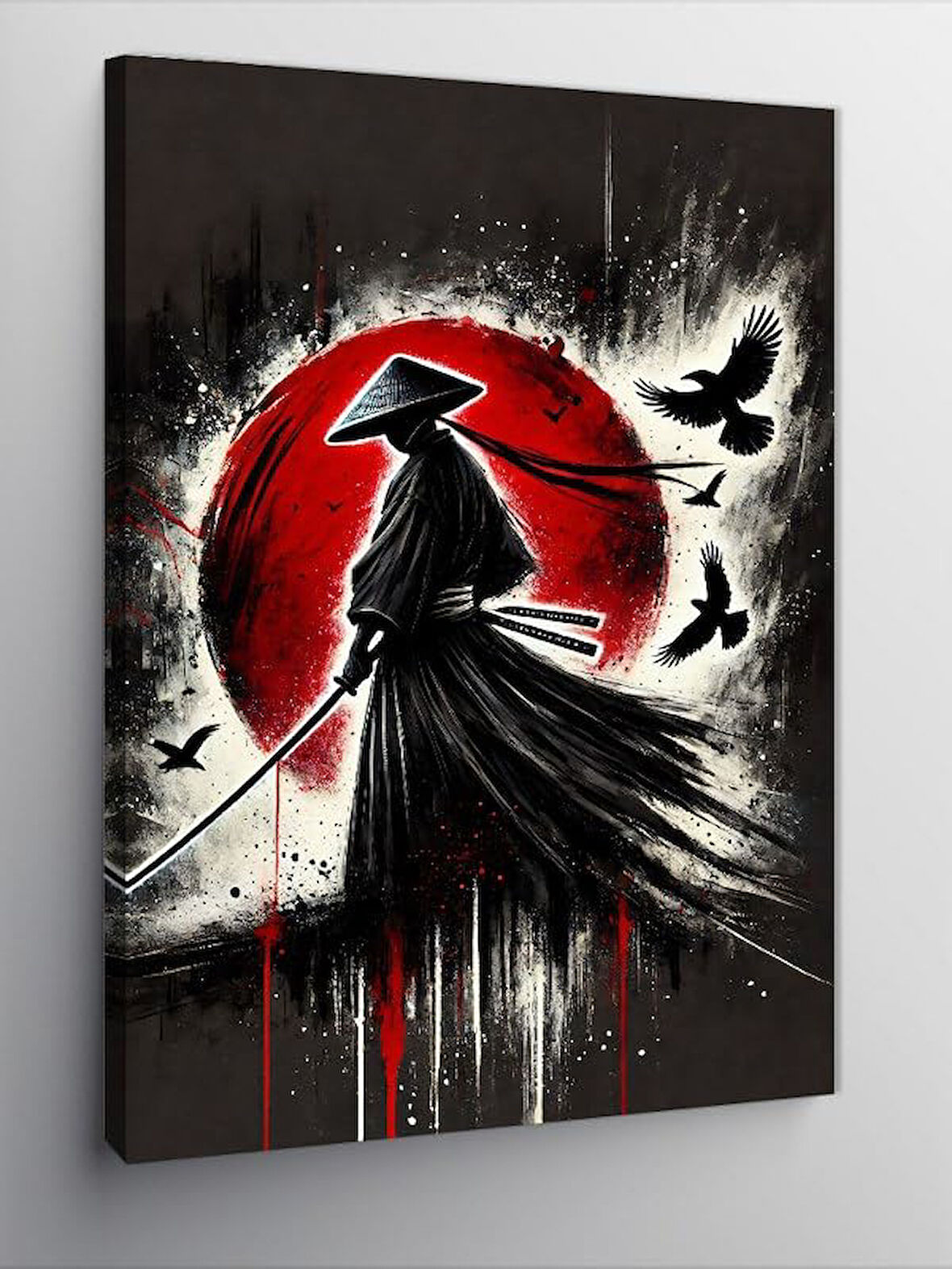 Kanvas Tablo Samuray Silueti ve Kırmızı Güneş, 50 x 70
