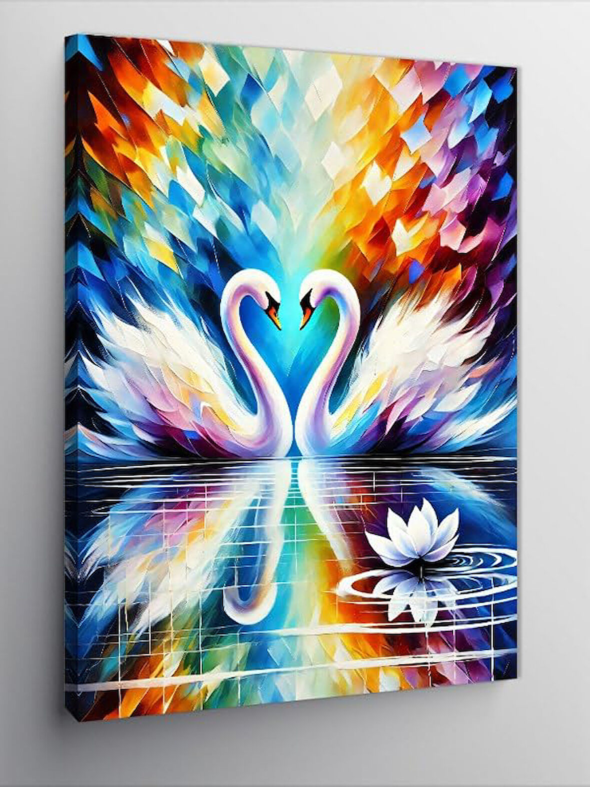 Kanvas Tablo Renkli Kuğu Ve Lotus Çiçeği, 50 x 70