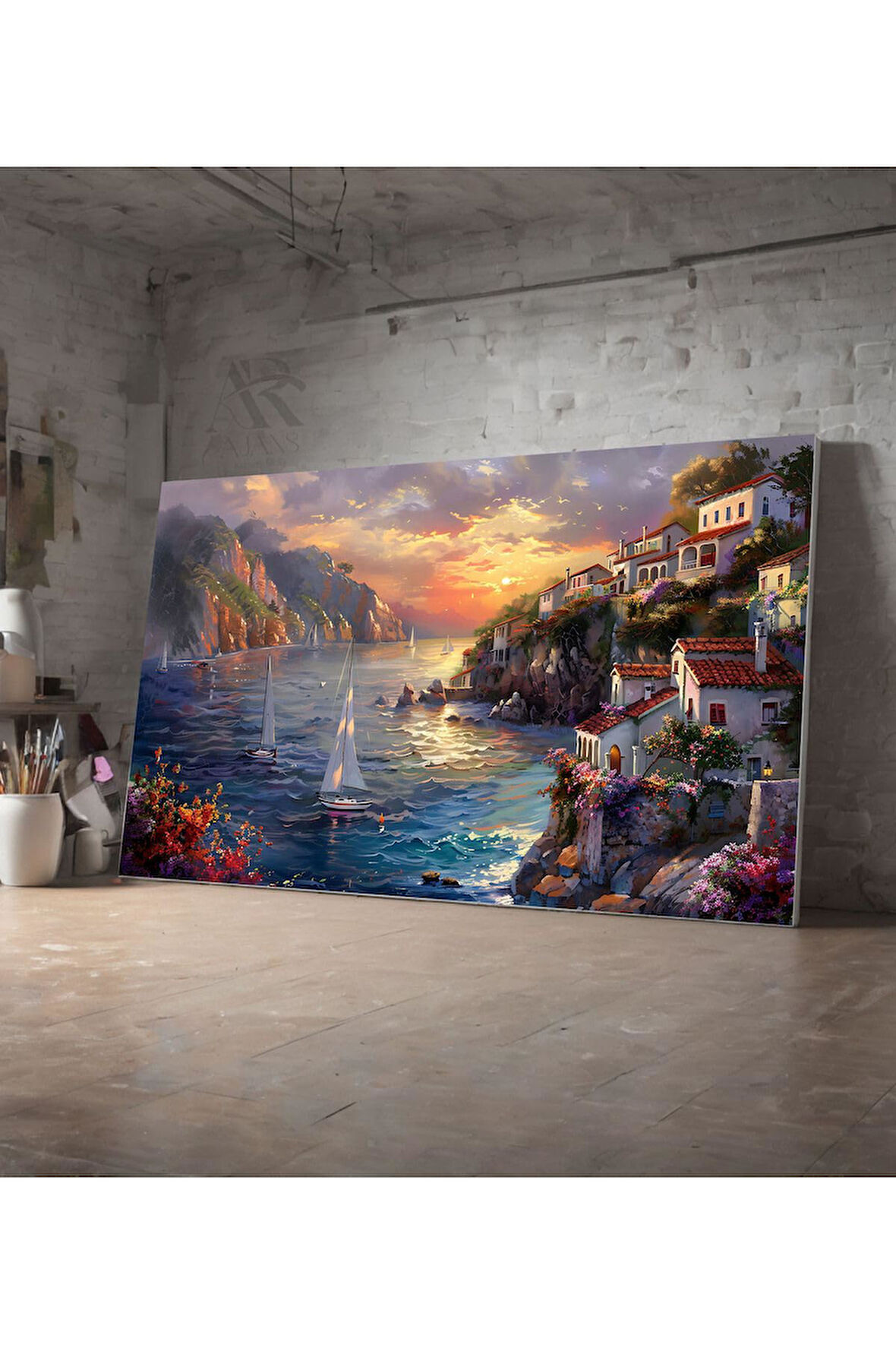 Kanvas Tablo Dağ Eteklerinde Beyaz Evler Dekoratif Kanvas Tablo 50 X 70