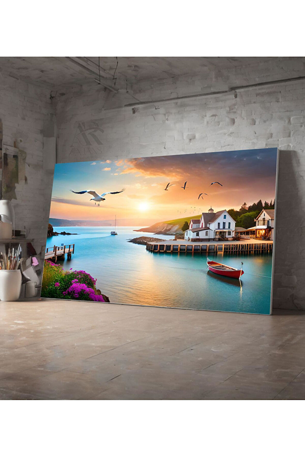 Kanvas Tablo Uçan Kuşlar Ve Gö Kenarında Ev Dekoratif Kanvas Tablo 50 X 70