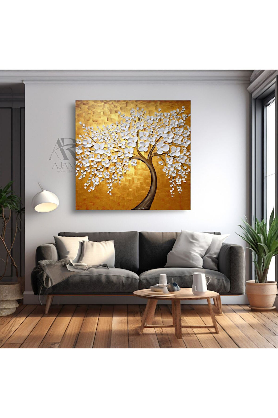 Kanvas Tablo Bahar Ağacı Sarı Arka Temalı Dekoratif Kanvas Tablo 60 X 60