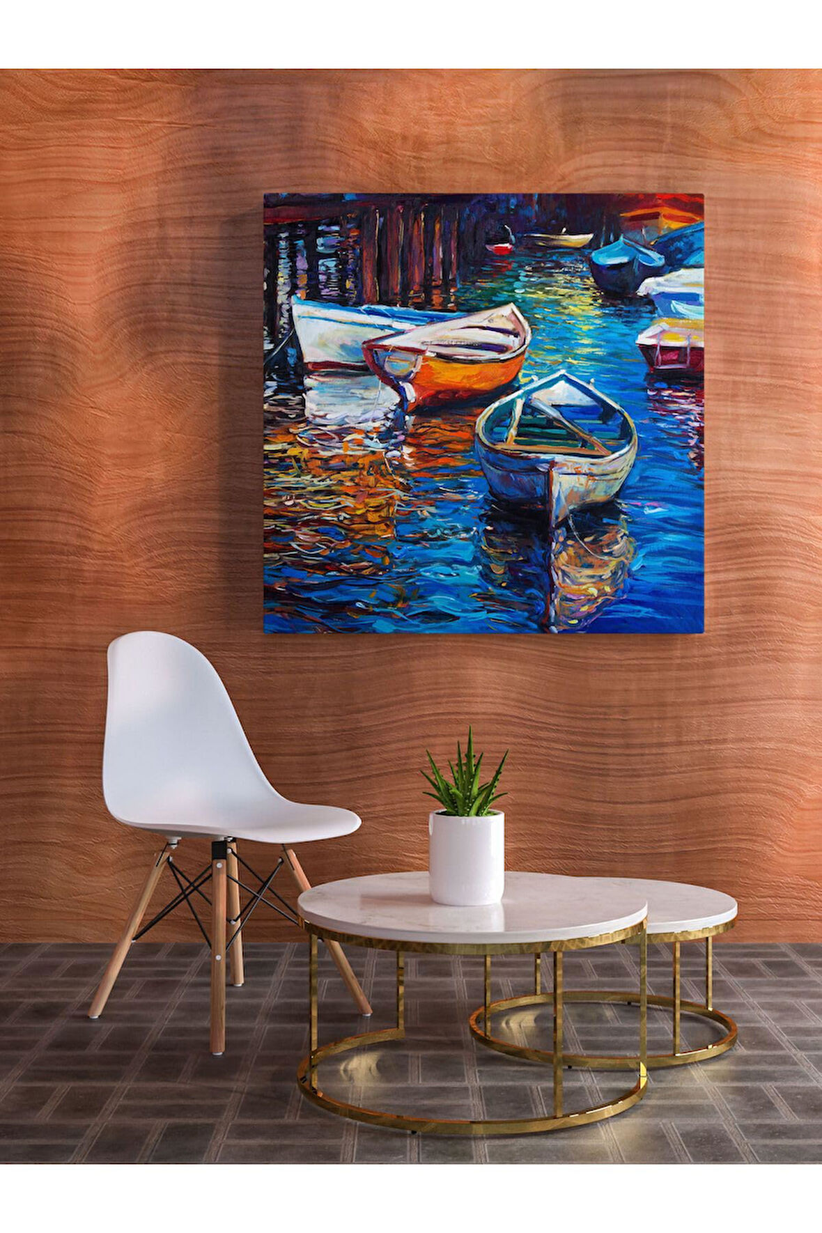 Kanvas Tablo Renkli Kayıklar Yağlı Boya Çizimli Dekoratif Kanvas Tablo 30 X 30