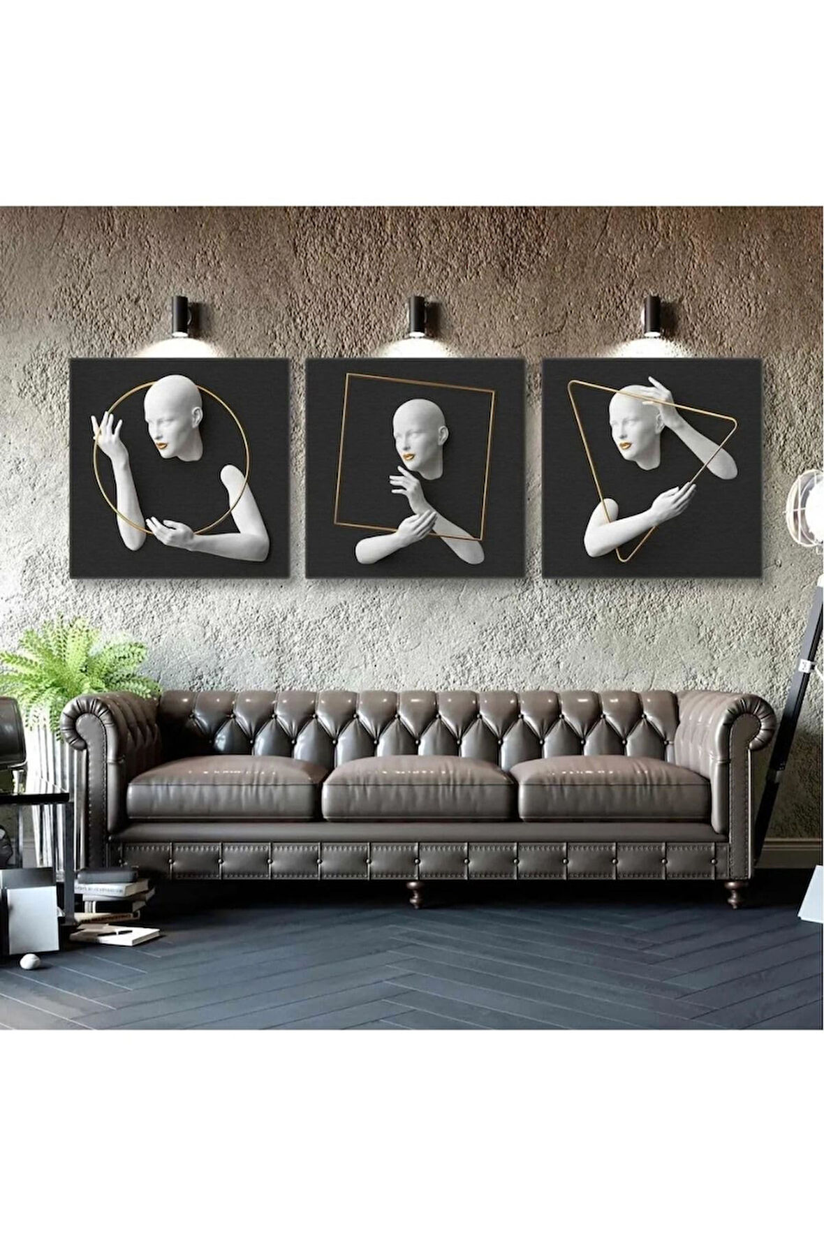 Kanvas Tablo Kabartma Efektli Altın Üçgen Çerçeve Antrasit Fon Dekoratif Üçlü Kombin Kanvas Tablo Art0091 50 X 50