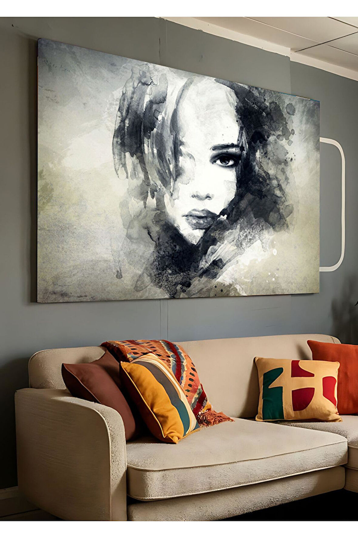 Kanvas Tablo Karakalem Çizgili Siyah Beyaz Kadın Dekoratif Kanvas Tablo 50 X 70