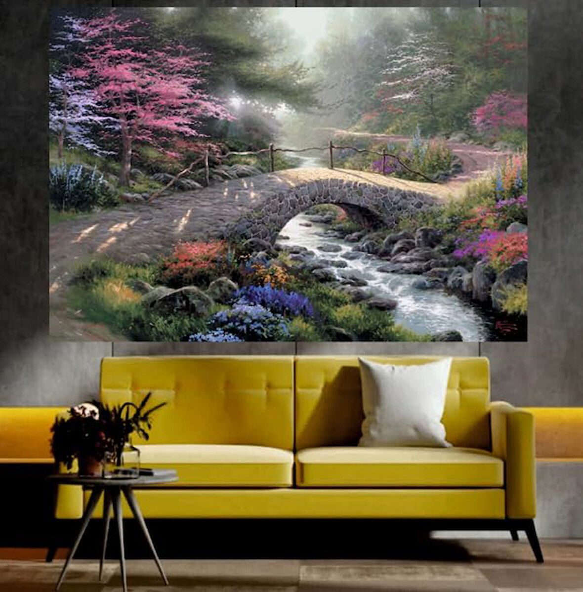 Köprü ve Nehir Manzaralı Sanatsal Dekoratif Duvar Tablosu (70x100 cm)