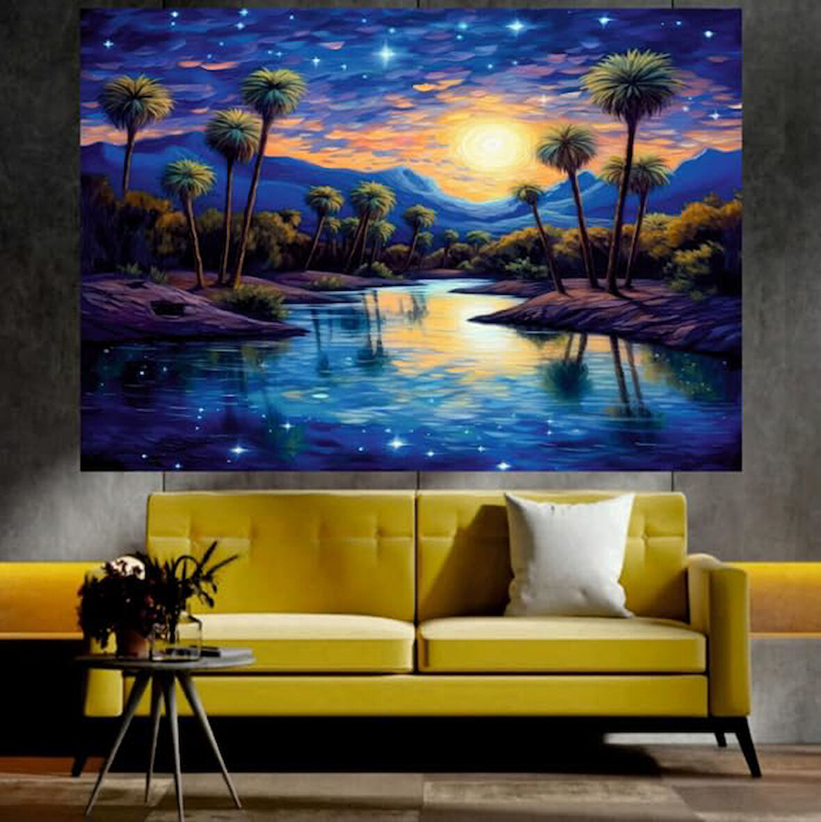 Palmiye Ağaçları ve Göl Manzaralı Sanatsal Dekoratif Duvar Tablosu (70x100 cm)