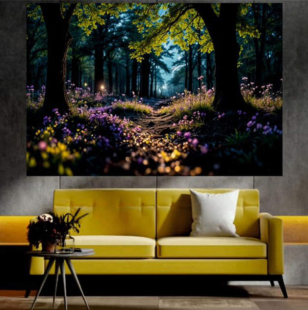 Çiçekler ve Ağaçlar Manzaralı Sanatsal Dekoratif Duvar Tablosu (70x100 cm)
