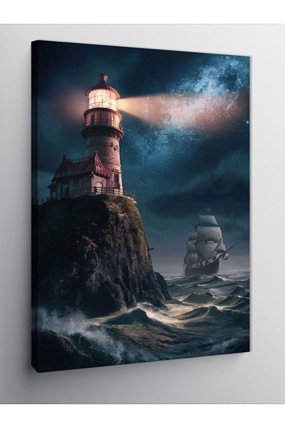 Kanvas Tablo Deniz Feneri Ve Yelkenli Gemi, 50cm x 70cm