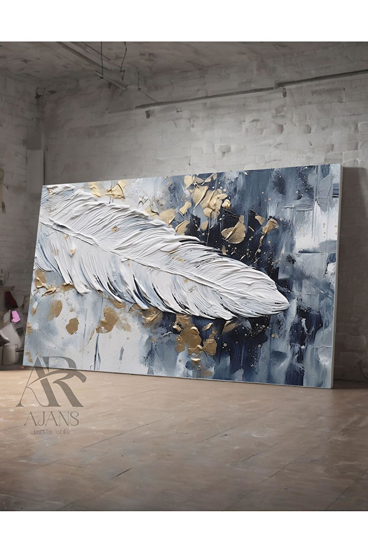 Kanvas Tablo Yaprak Tasarım Mavi Beyaz Dekoratif Kanvas Tablo 35 X 50