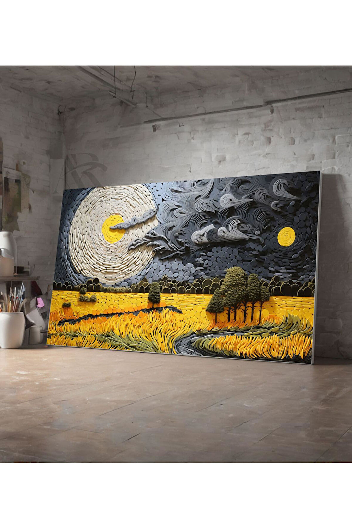 Kanvas Tablo Yıldızlı Gece Üzerinde Buğday Tarlası Yaglı Boya Görünümlü Dekoratif Kanvas Tablo 30 X 40