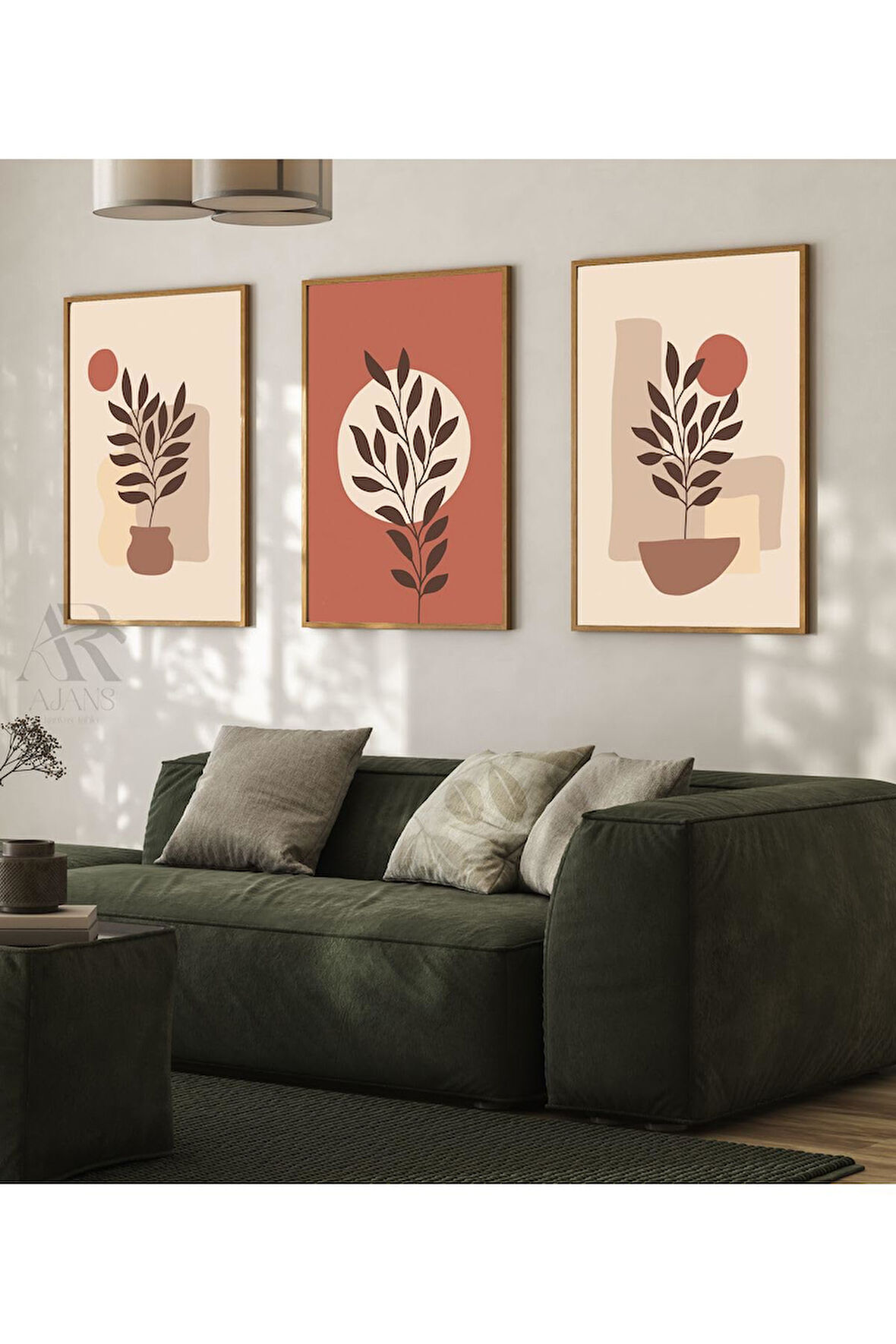 Kanvas Tablo Geometrik Formlarda Yaprak Tasarımı Çerçerve Görünümlü 3'Lü Mdf Tablo 40 X 60