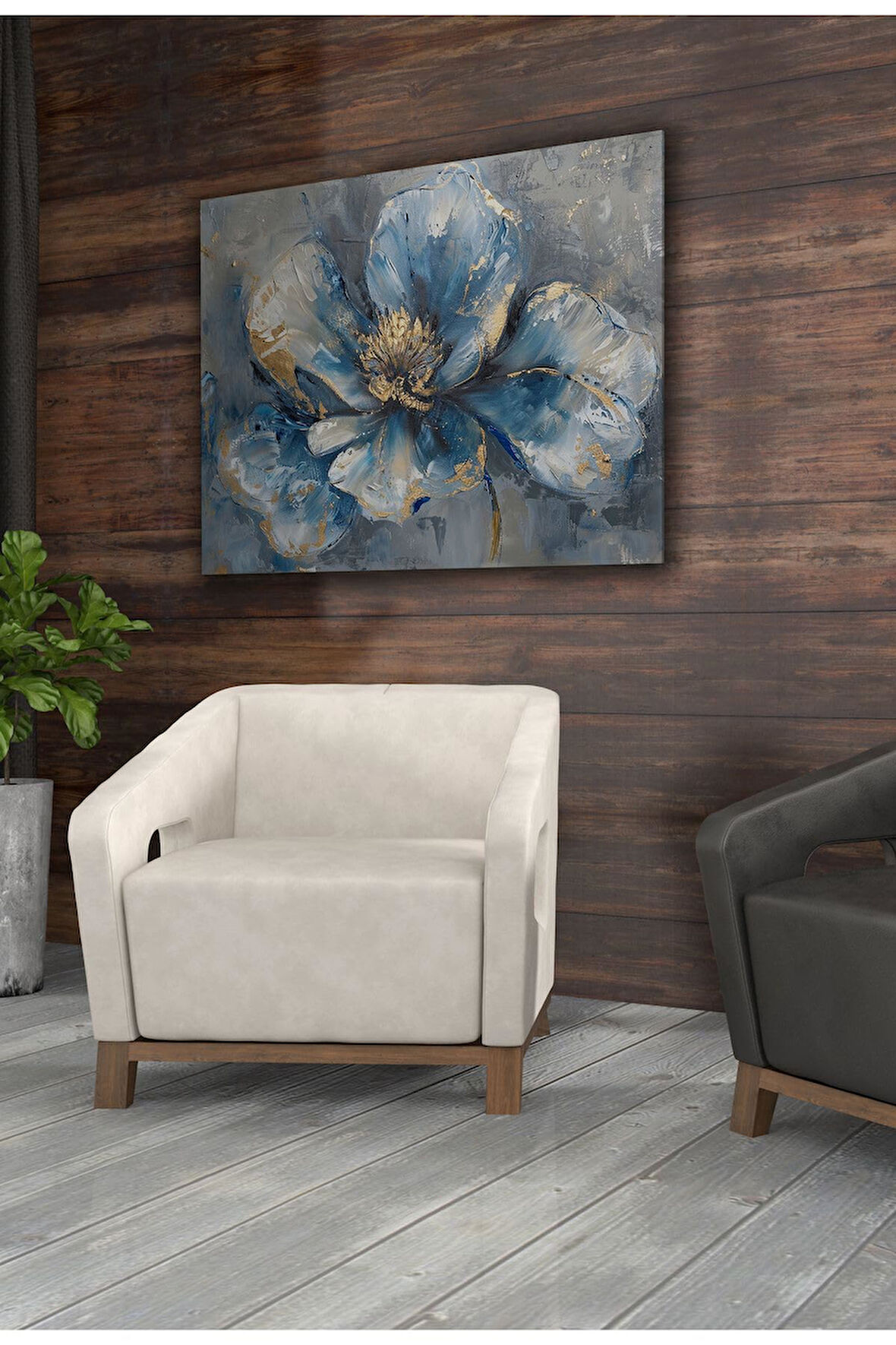 Kanvas Tablo Mavi Çiçek Altın Dokulu Yağlı Boya Görünümlü Dekoratif Kanvas Tablo 80 X 120