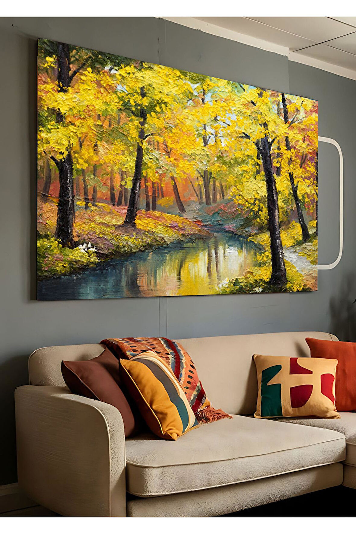 Kanvas Tablo Göl Kenarı Sonbahar Yaprakları Yağlı Boya Görünümlü Dekoratıf Kanvas Tablo 30 X 40