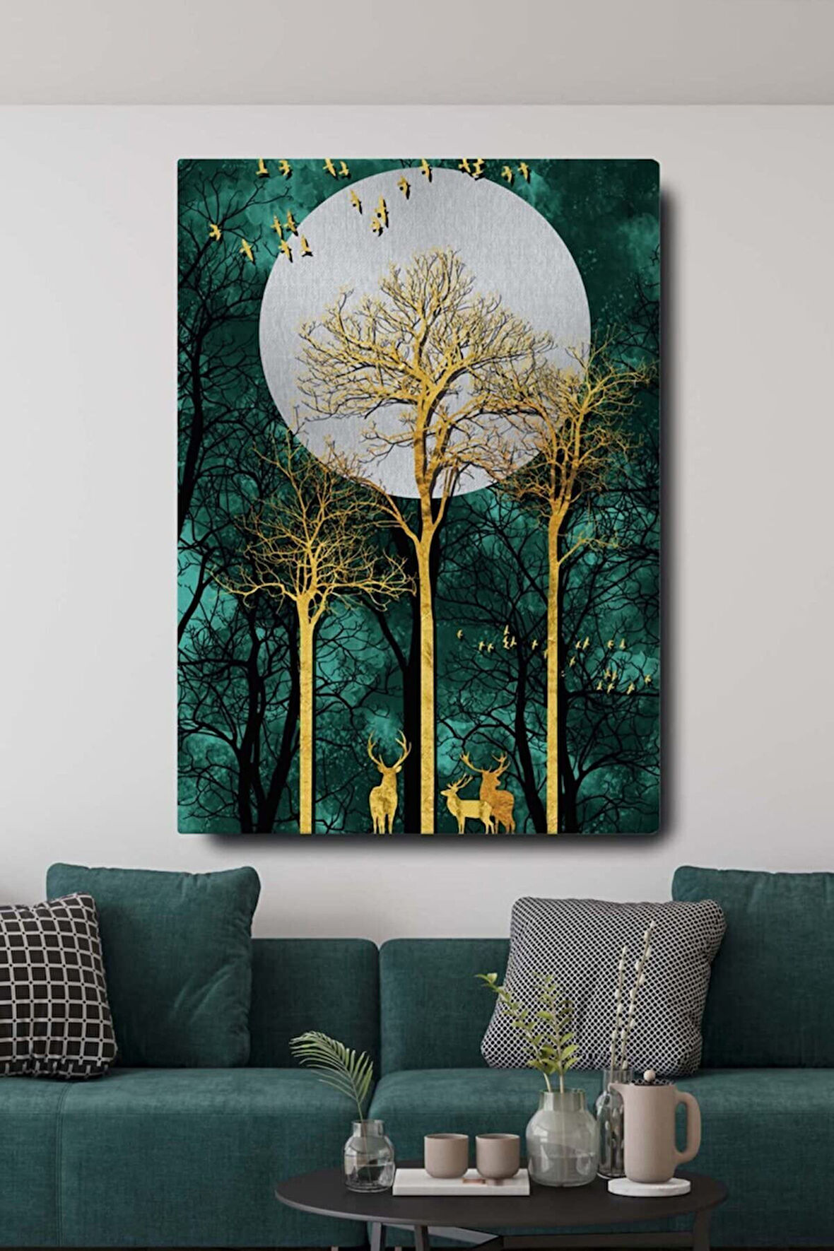 Dekoratif Soyut Altın Geyik Ağaç ve Kuşlar Sürreal Kanvas Duvar Tablosu 70 x 100