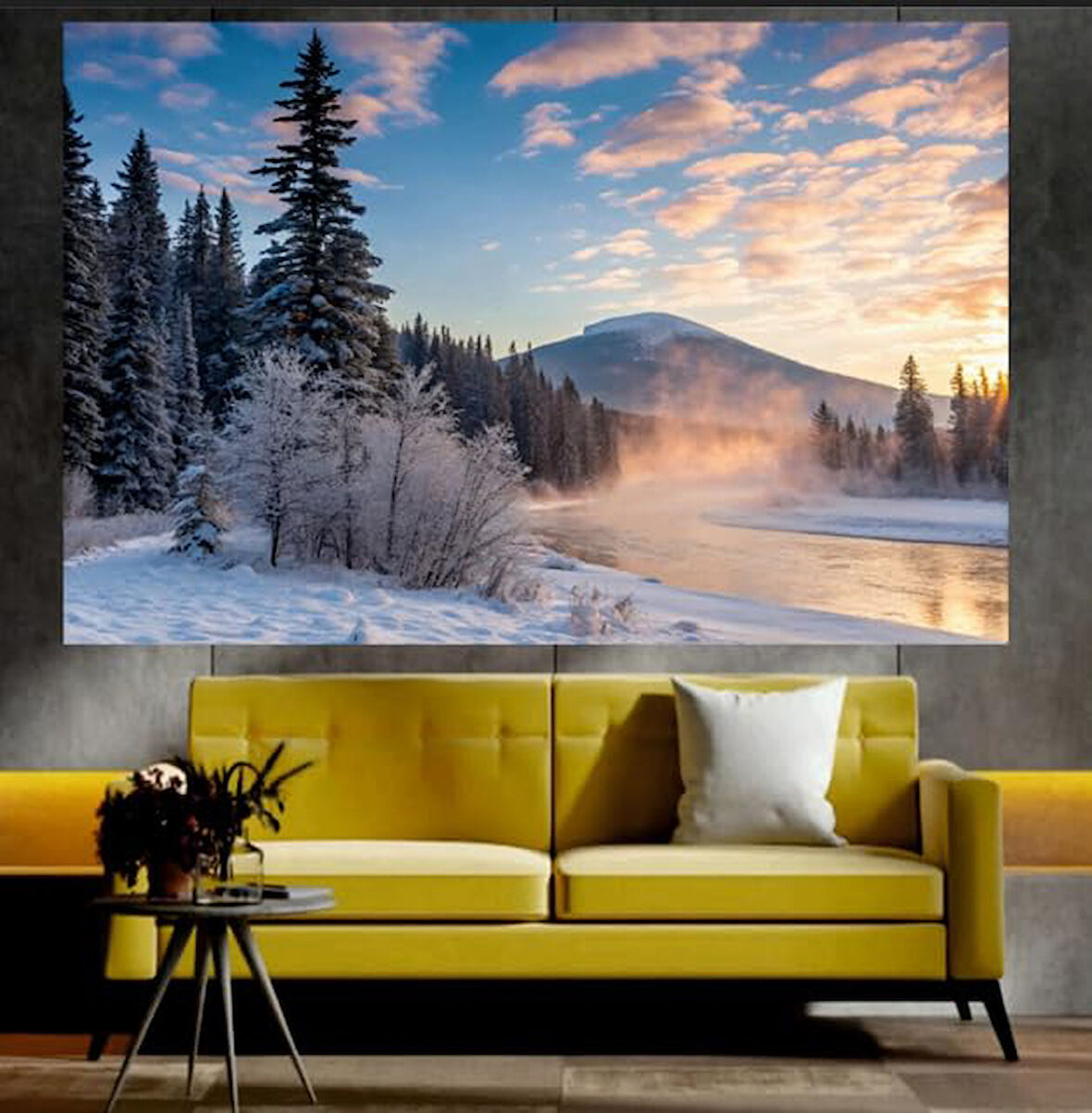 Karlı Doğa Ve Nehir Manzaralı Sanatsal Dekoratif Duvar Tablosu (35x50 cm)