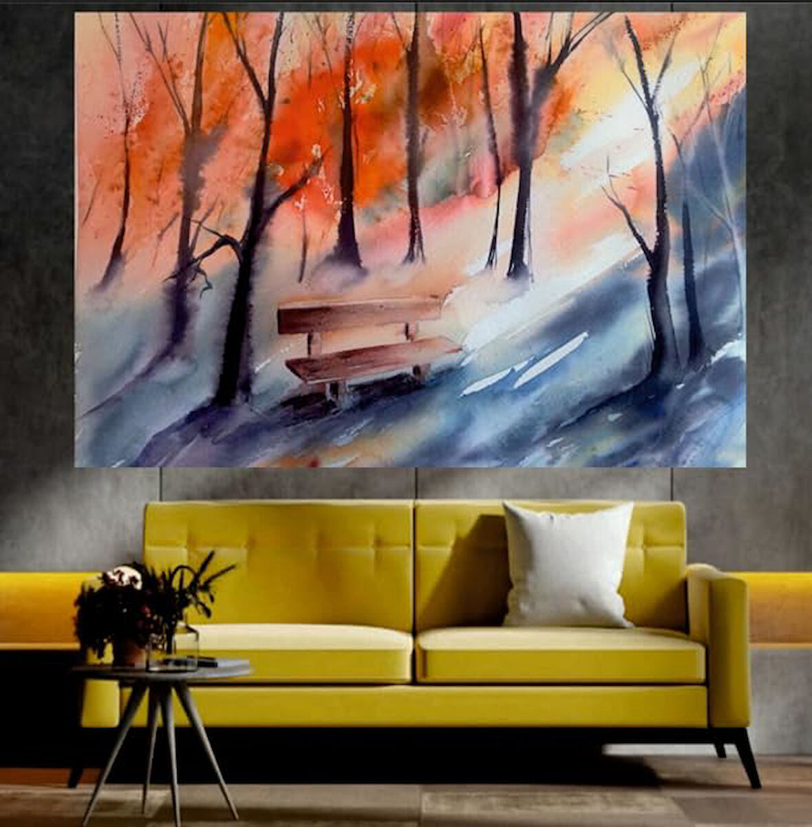 Sonbahar ve Bank Manzaralı Sanatsal Dekoratif Duvar Tablosu (70x100 cm)