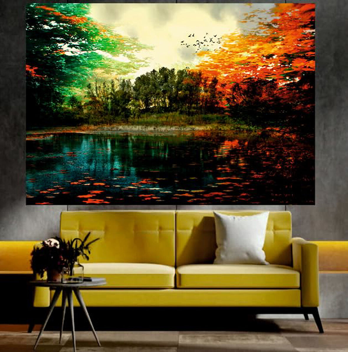 Göl ve Renkli Ağaçlar Manzaralı Sanatsal Dekoratif Duvar Tablosu (70x100 cm)