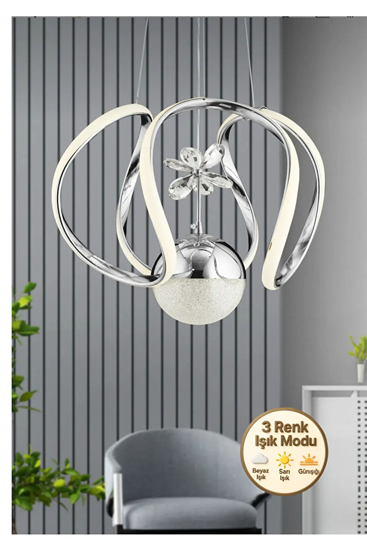 Luxora Model Krom Kaplama 3 Renk Metal Salon Mutfak Oturma Yatak Odası Modern Led Sarkıt Avize