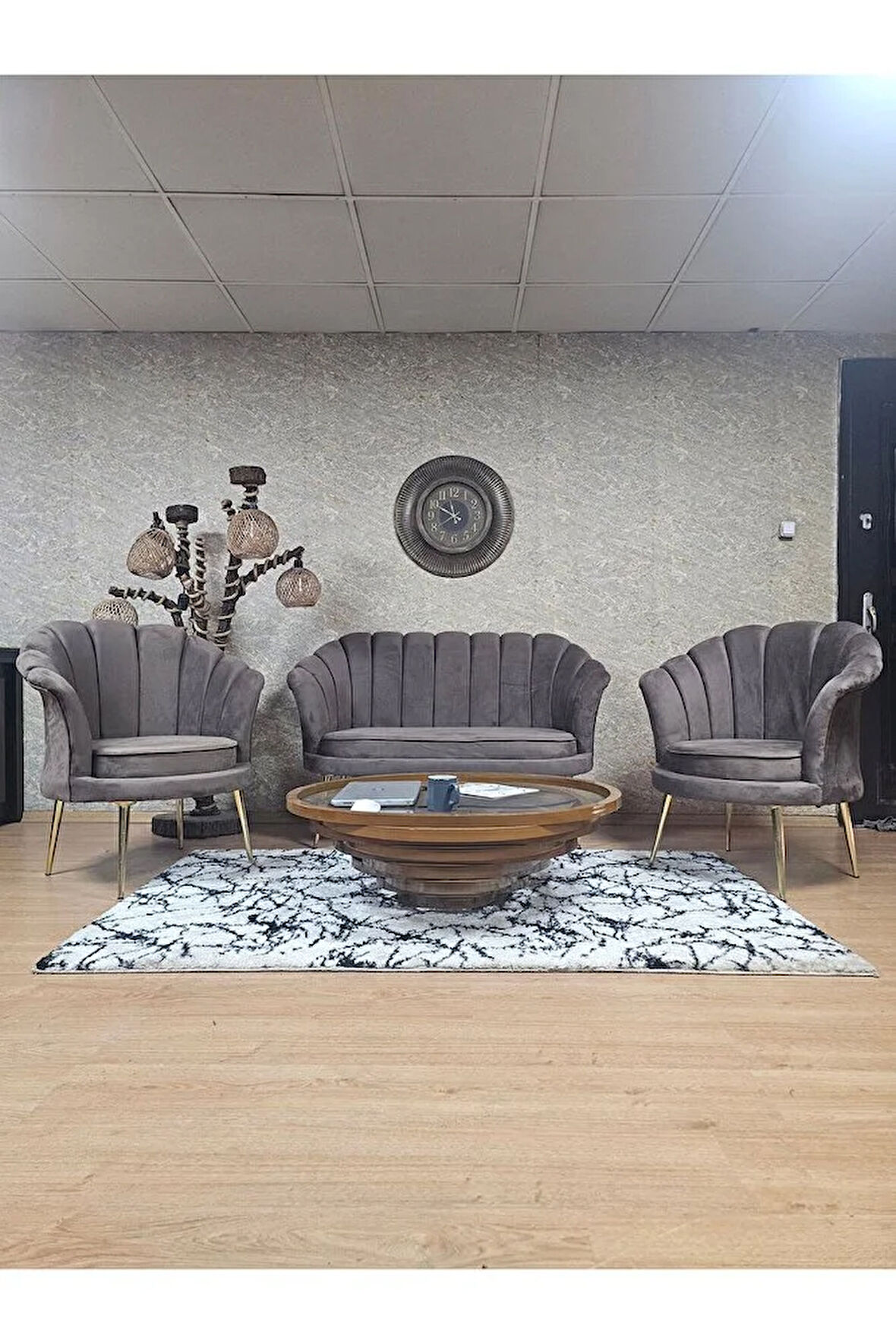 İstiridye Takım Gold Kaplama Sivriltme Ayak Çay Seti Koltuk Takımı Kahverengi Renk 110 x 48 Boyut/Ebat