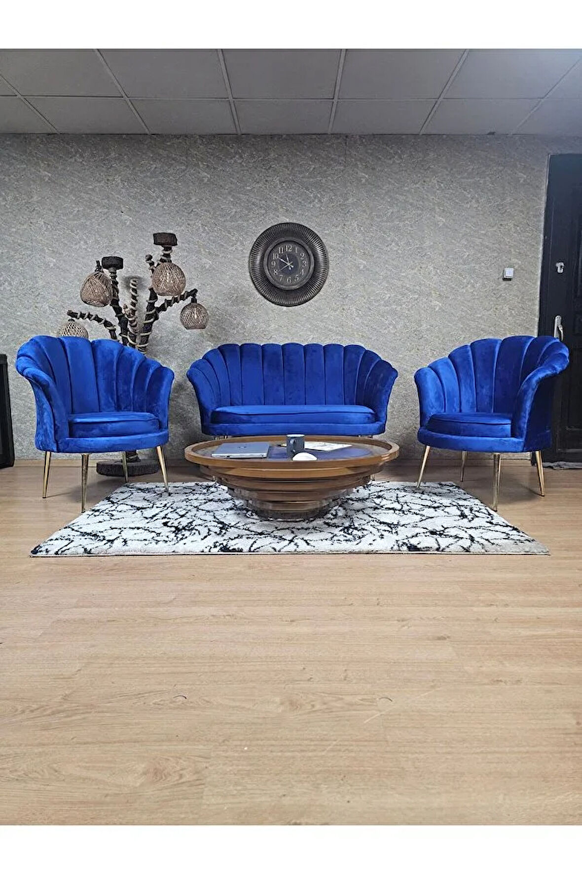 İstiridye Takım Gold Kaplama Sivriltme Ayak Çay Seti Koltuk Takımı Mavi Renk 110 x 48 Boyut/Ebat