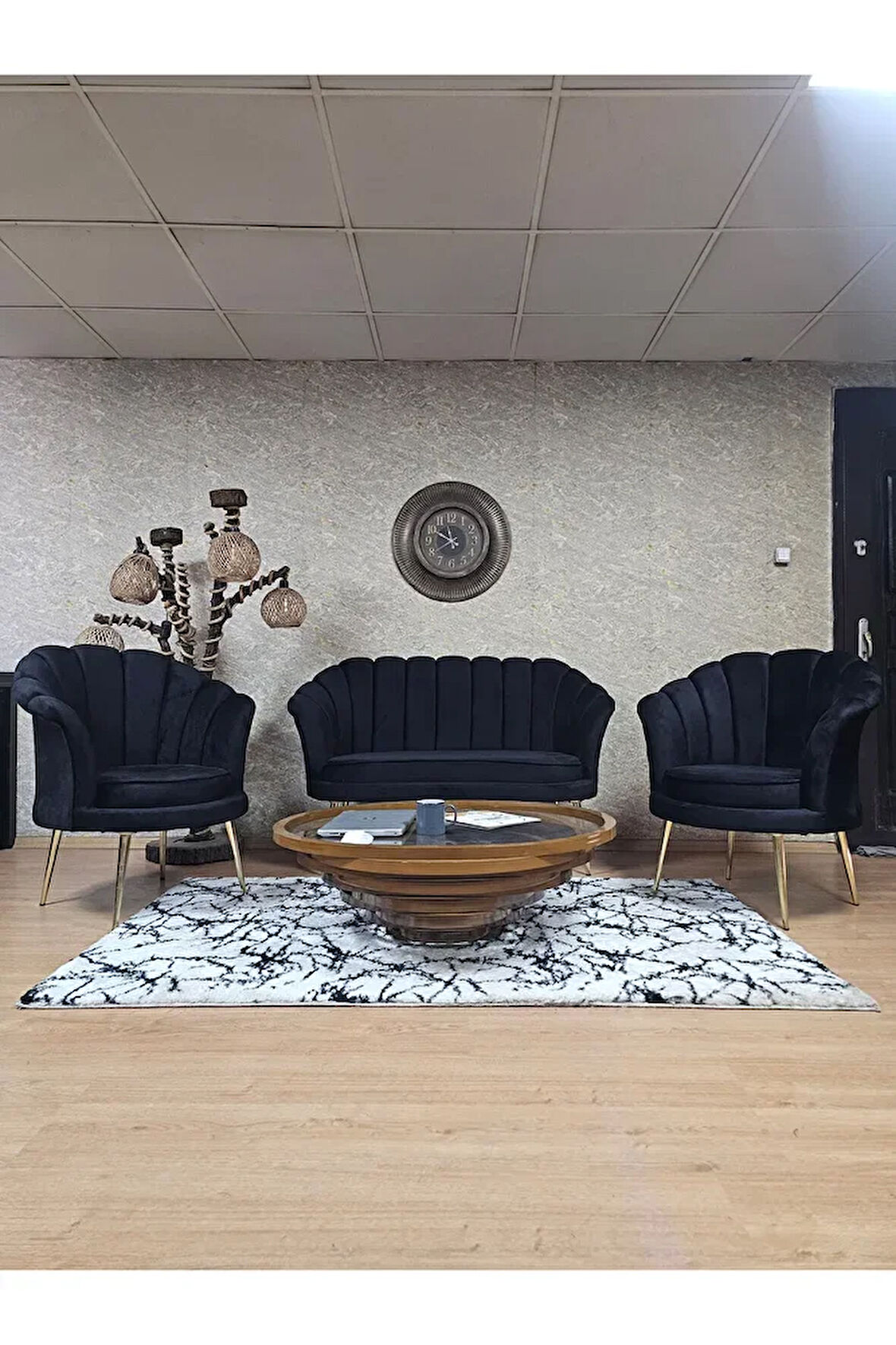 İstiridye Takım Gold Kaplama Sivriltme Ayak Çay Seti Koltuk Takımı Siyah Renk 110 x 48 Boyut/Ebat