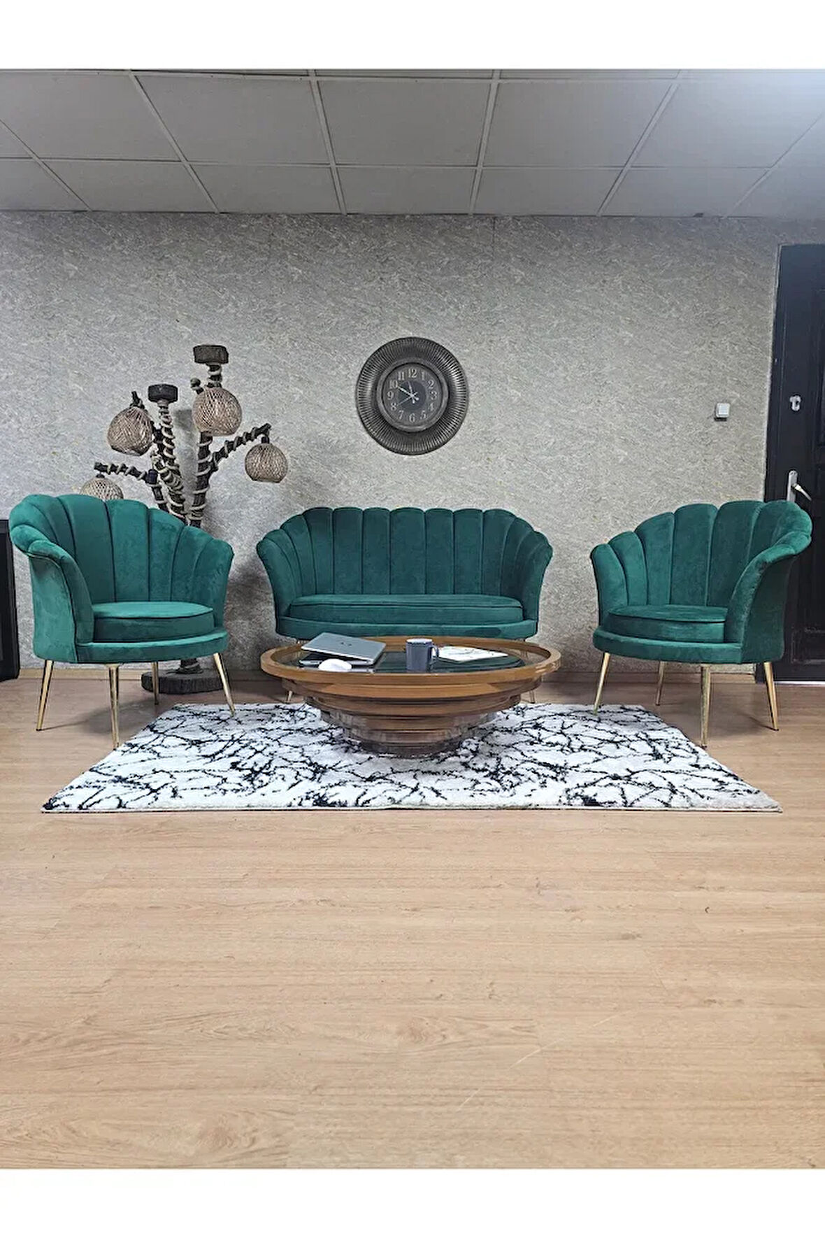 İstiridye Takım Gold Kaplama Sivriltme Ayak Çay Seti Koltuk Takımı Yeşil Renk 110 x 48 Boyut/Ebat