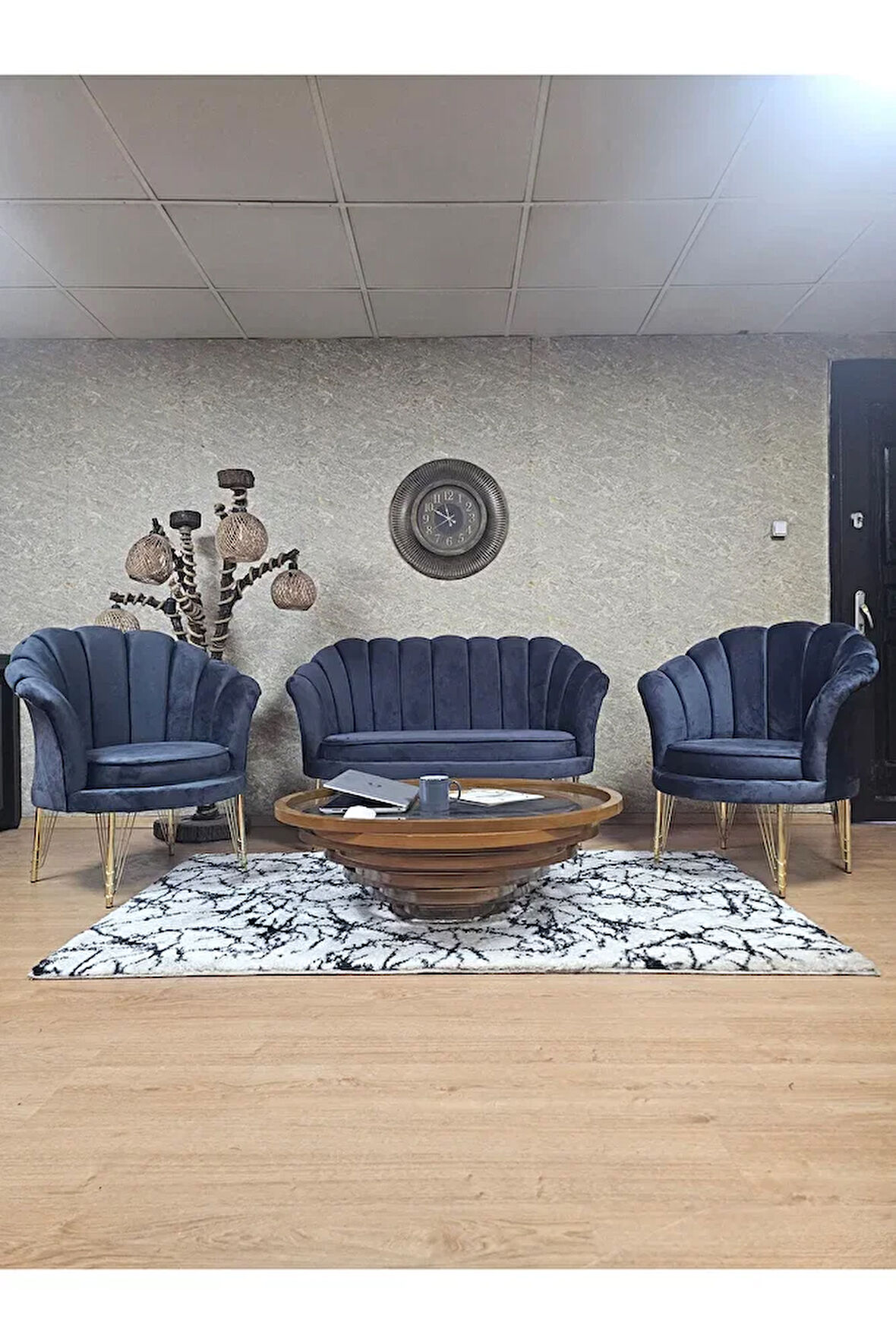 İstiridye Takım Gold Kaplama Telli Ayak Çay Seti Koltuk Takımı Füme Renk 110 x 48 Boyut/Ebat