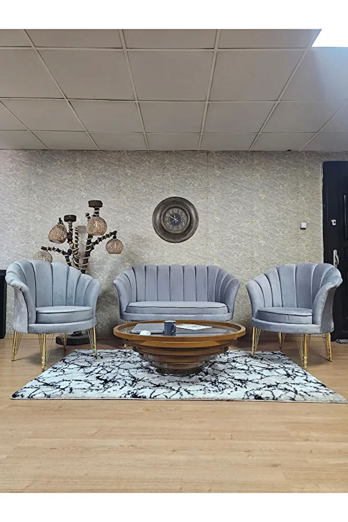 İstiridye Takım Gold Kaplama Telli Ayak Çay Seti Koltuk Takımı Gri Renk 110 x 48 Boyut/Ebat