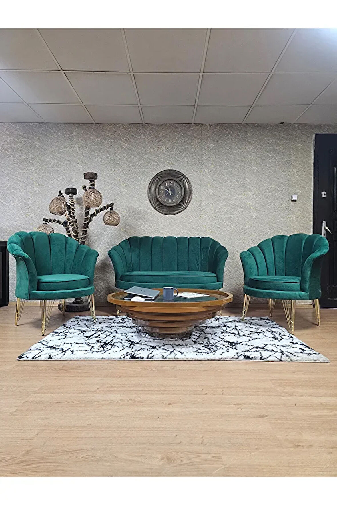 İstiridye Takım Gold Kaplama Telli Ayak Çay Seti Koltuk Takımı Yeşil Renk 110 x 48 Boyut/Ebat