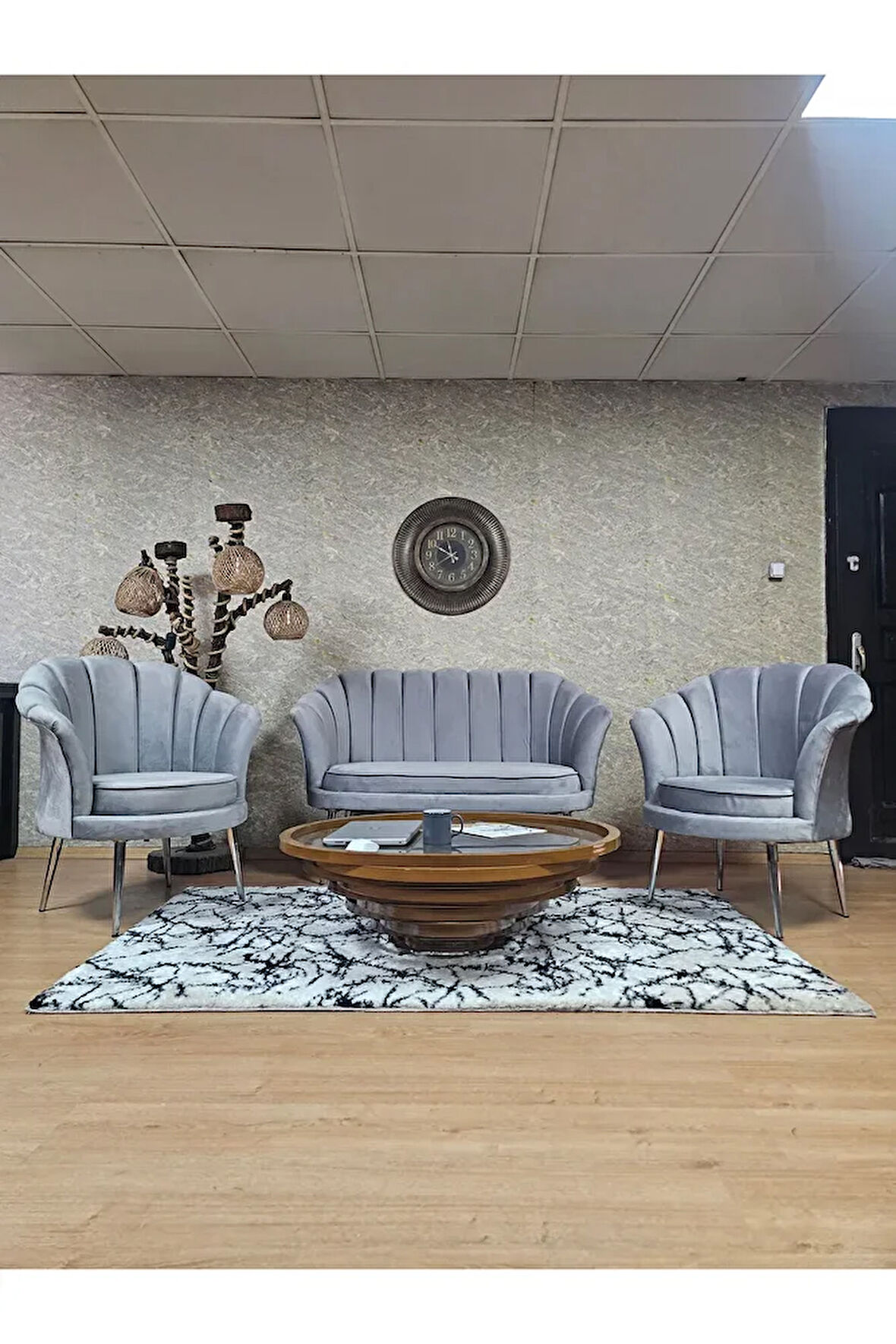 İstiridye Takım Krom Kaplama Sivriltme Ayak Çay Seti Koltuk Takımı Gri Renk 110 x 48 Boyut/Ebat