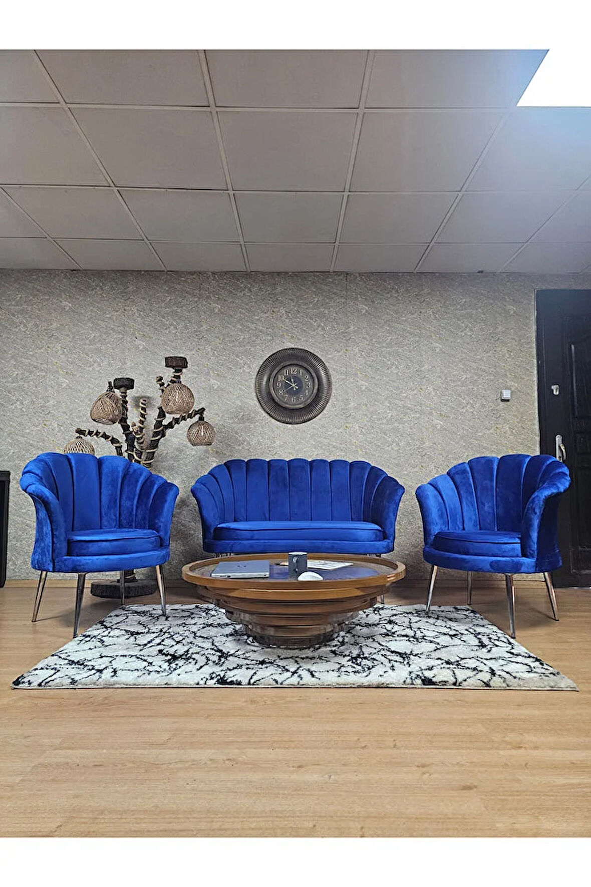 İstiridye Takım Krom Kaplama Sivriltme Ayak Çay Seti Koltuk Takımı Mavi Renk 110 x 48 Boyut/Ebat