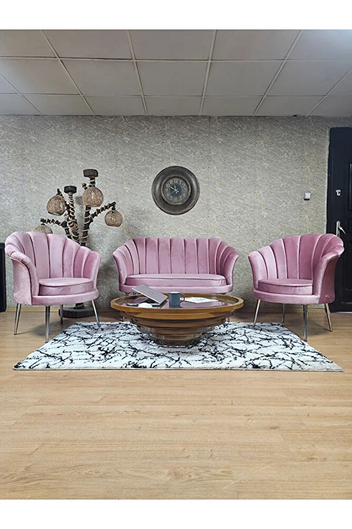 İstiridye Takım Krom Kaplama Sivriltme Ayak Çay Seti Koltuk Takımı Pembe Renk 110 x 48 Boyut/Ebat