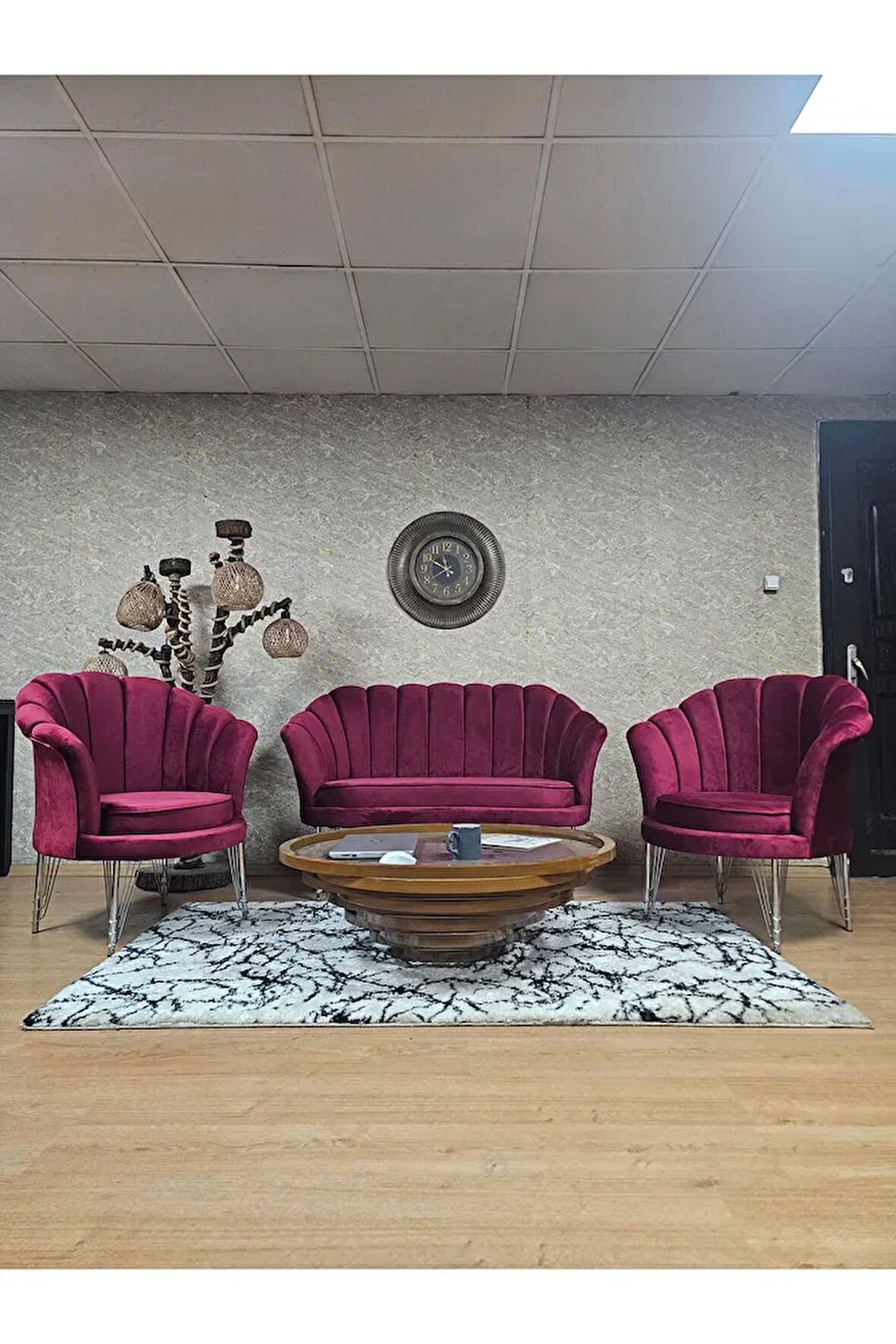 İstiridye Takım Krom Kaplama Telli Ayak Çay Seti Koltuk Takımı Bordo Renk 110 x 48 Boyut/Ebat