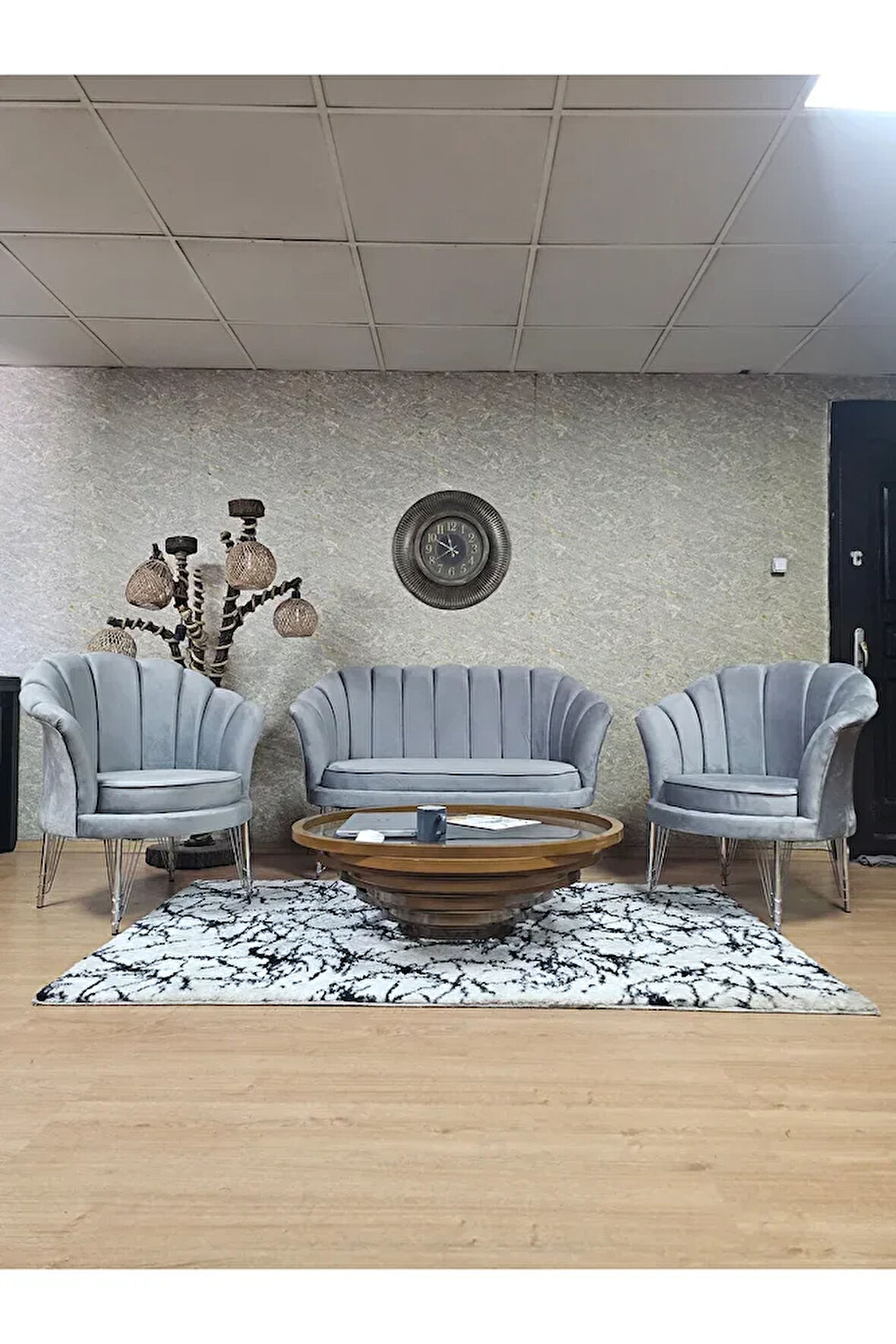 İstiridye Takım Krom Kaplama Telli Ayak Çay Seti Koltuk Takımı Gri Renk 110 x 48 Boyut/Ebat