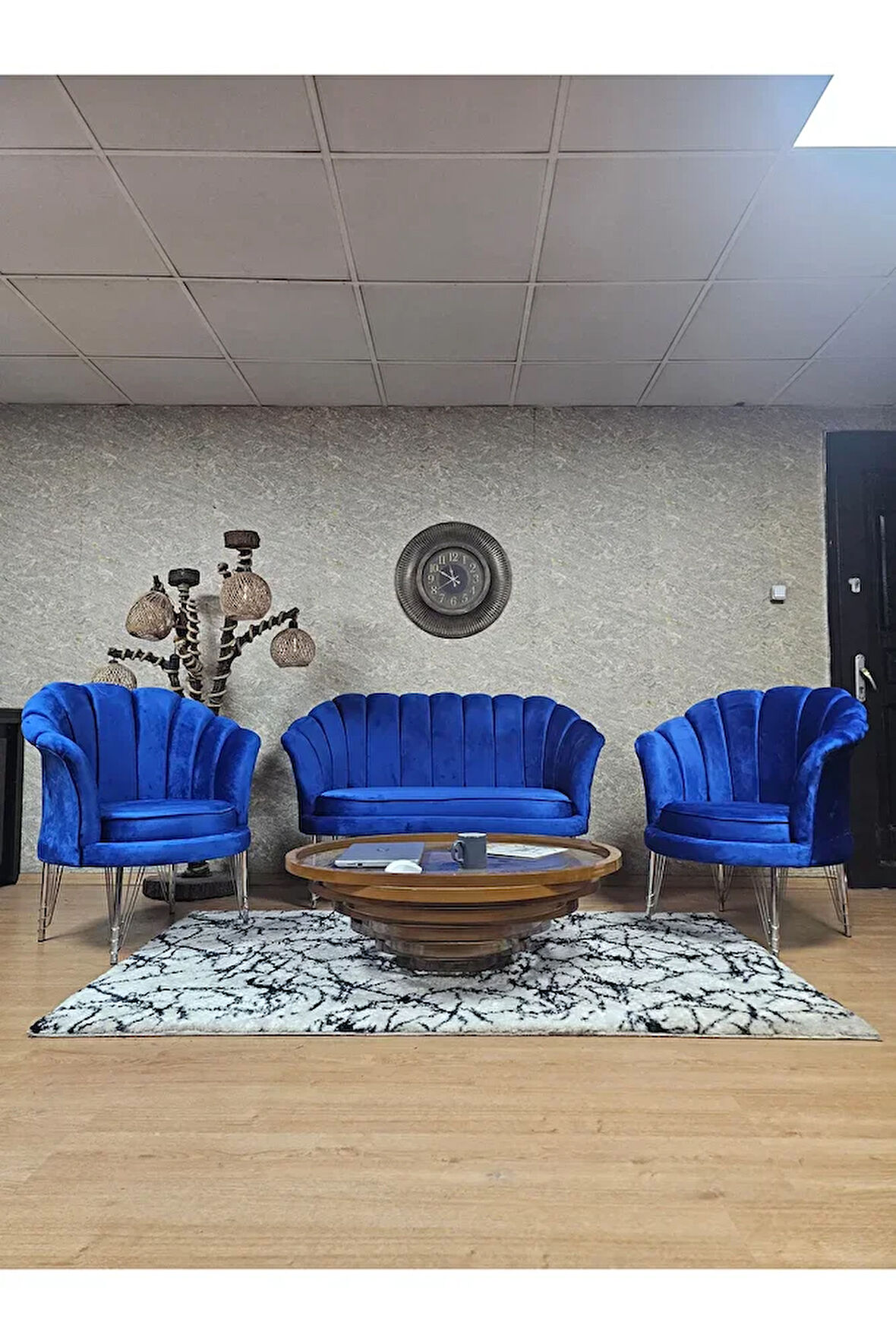 İstiridye Takım Krom Kaplama Telli Ayak Çay Seti Koltuk Takımı Mavi Renk 110 x 48 Boyut/Ebat