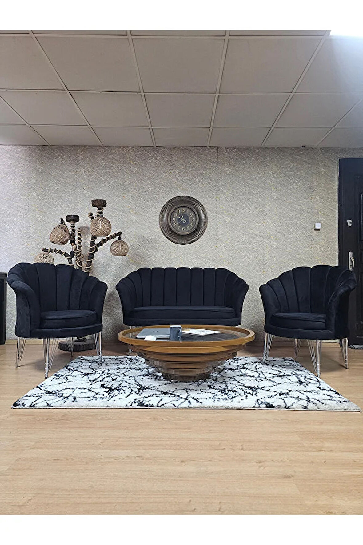 İstiridye Takım Krom Kaplama Telli Ayak Çay Seti Koltuk Takımı Siyah Renk 110 x 48 Boyut/Ebat