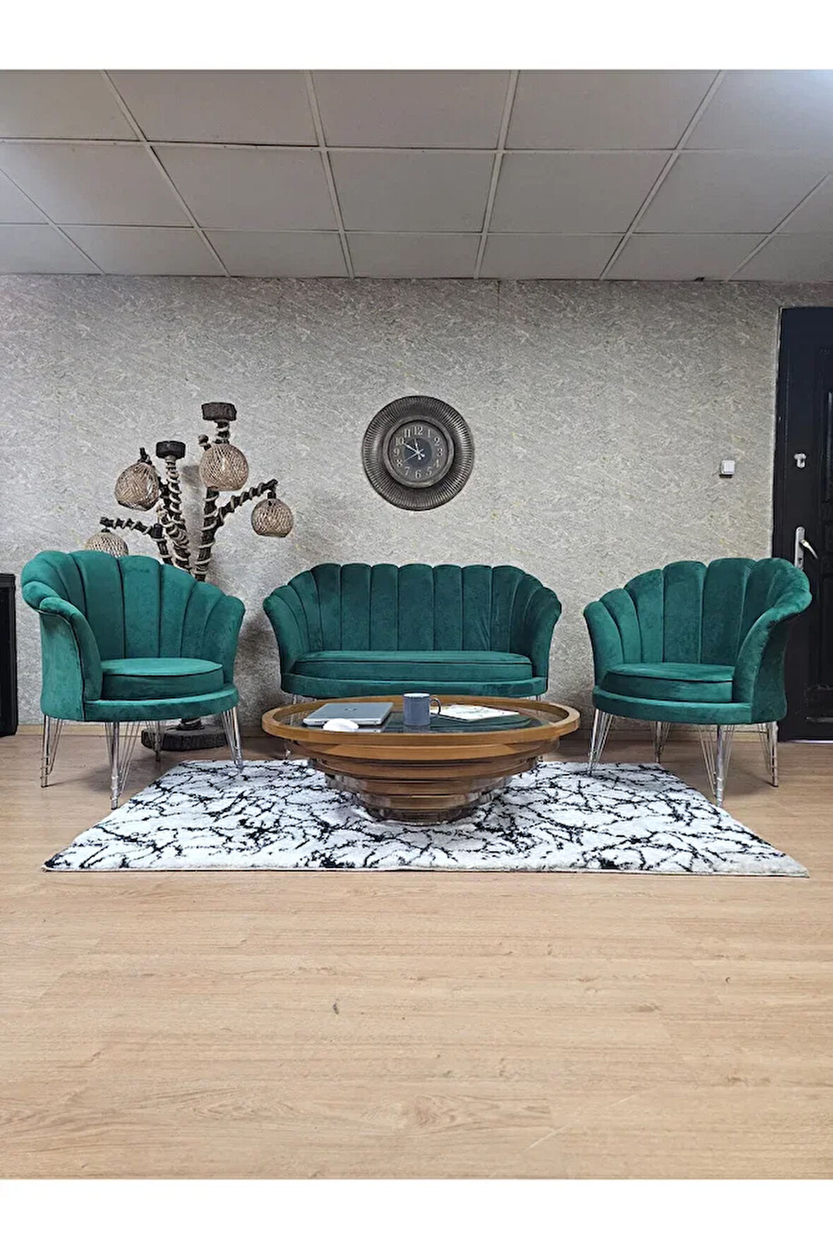 İstiridye Takım Krom Kaplama Telli Ayak Çay Seti Koltuk Takımı Yeşil Renk 110 x 48 Boyut/Ebat