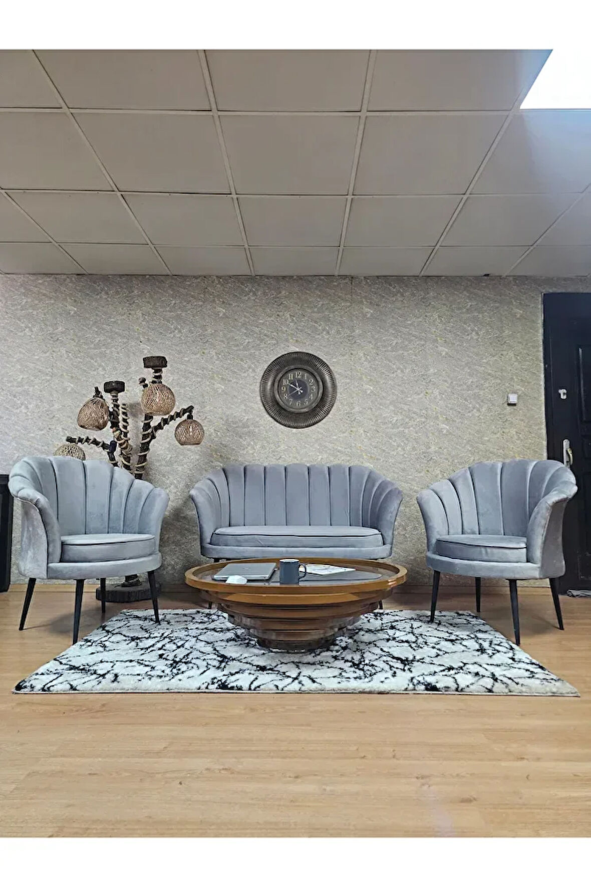 İstiridye Takım Siyah Boyalı Sivriltme Ayak Çay Seti Koltuk Takımı Gri Renk 110 x 48 Boyut/Ebat