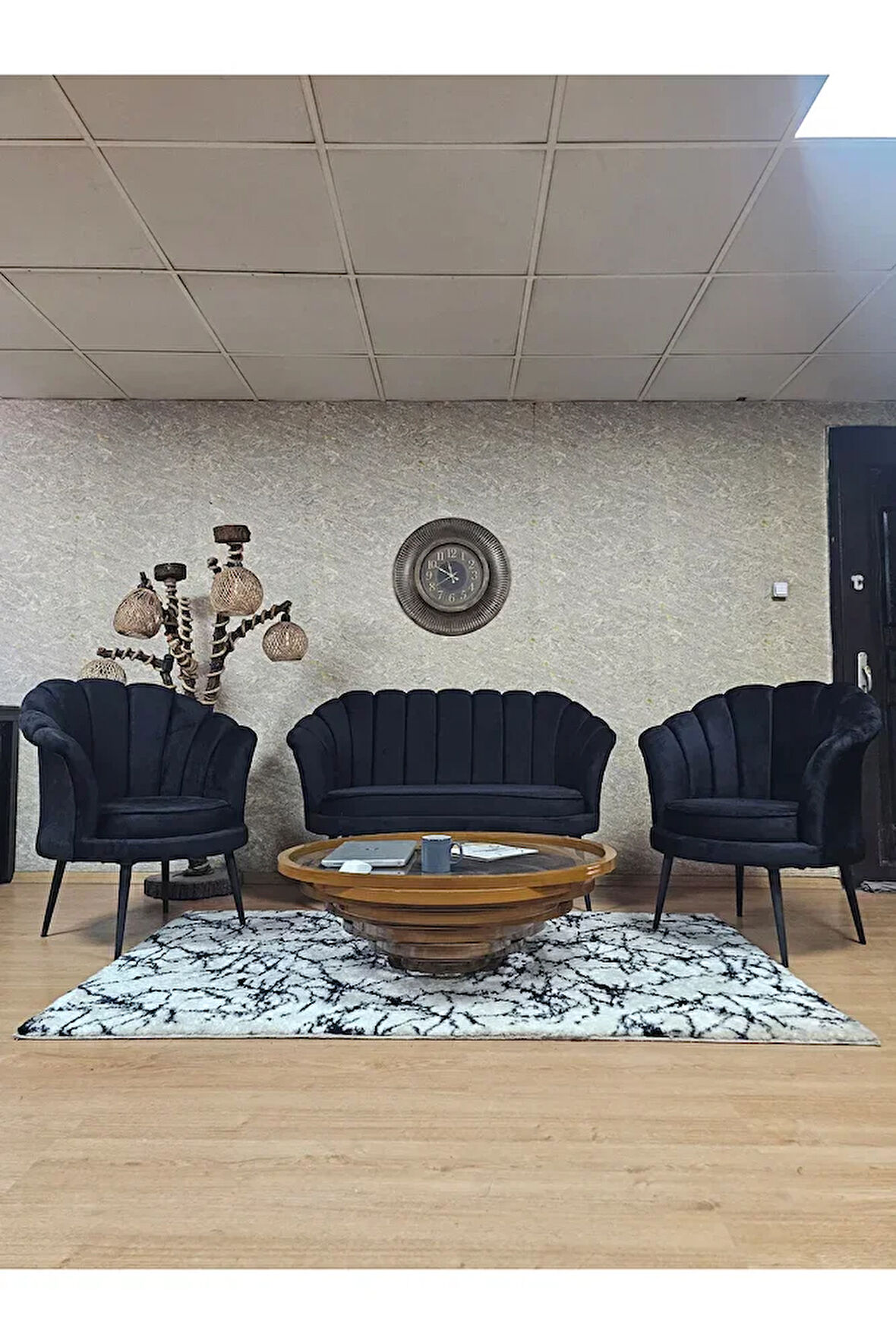 İstiridye Takım Siyah Boyalı Sivriltme Ayak Çay Seti Koltuk Takımı Siyah Renk 110 x 48 Boyut/Ebat