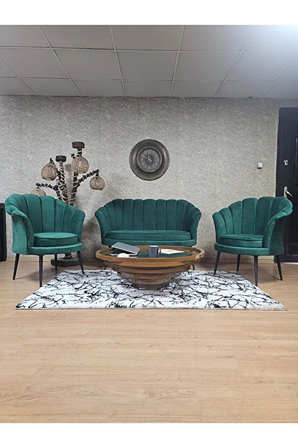 İstiridye Takım Siyah Boyalı Sivriltme Ayak Çay Seti Koltuk Takımı Yeşil Renk 110 x 48 Boyut/Ebat