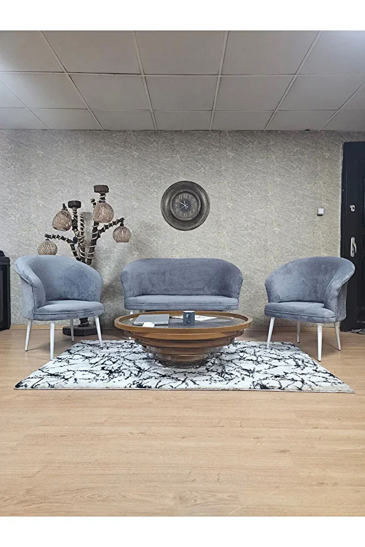 TEDDY Takım Beyaz Boyalı Sivriltme Ayak Çay Seti Koltuk - Berjer , Balkon, Salon, Ofis Gri Renk 40 x 125 Boyut/Ebat